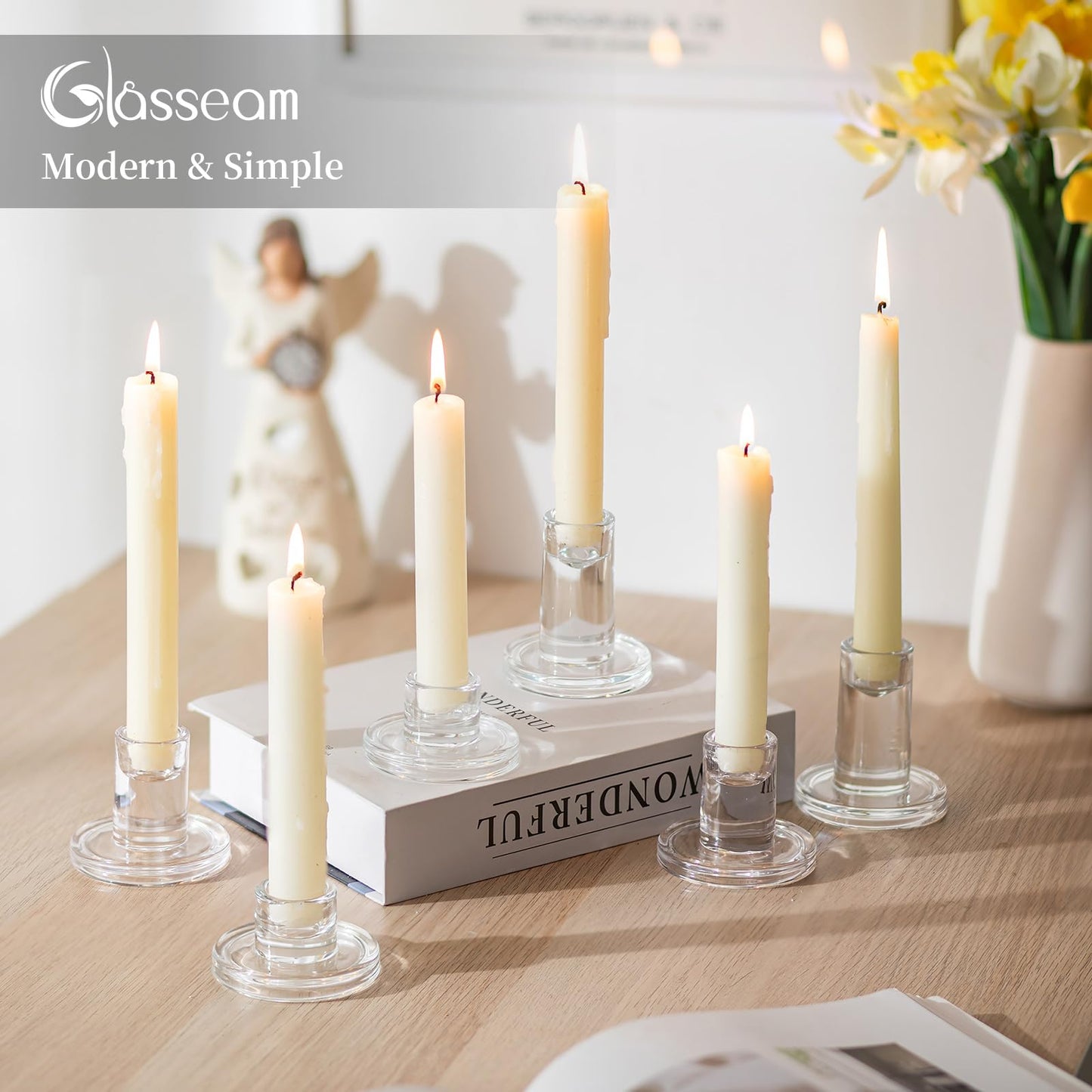 Glasseam Glass Taper Candle Holders: Set of 3 Tapered Candlestick Holders Small Clear Candle Sticks Holder Decor for Table Centerpiece Wedding Dining Room Home Decorations