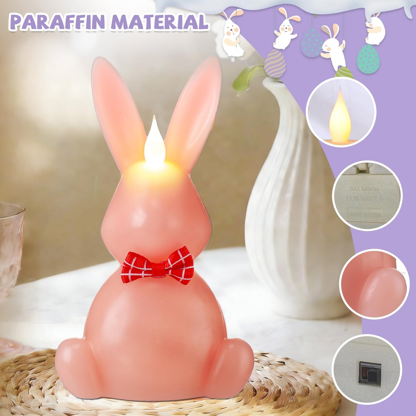 LCZLUMIPRO 3PCS Easter Bunny Flameless Candles, LED Easter Candles Battery Operated Rabbit-Shaped Real Wax Pink Purple Green,Spring Party Decoration Centerpiece Table Home Decor (No Remote)