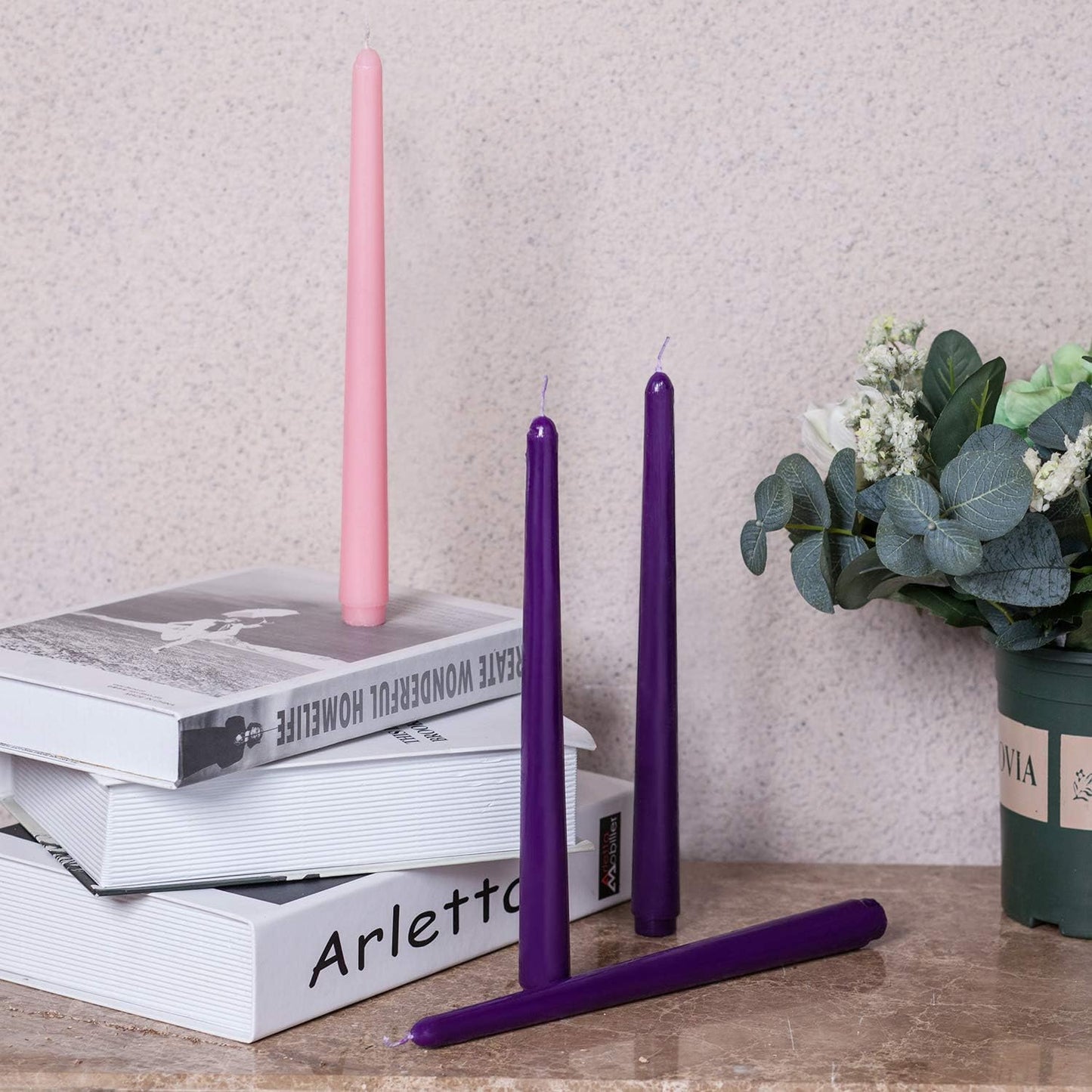Topsics Advent Taper Candles, 12 Pack Christmas Advent Candles Set, Taper Candles for Seasonal Celebration - 9 Purple and 3 Pink
