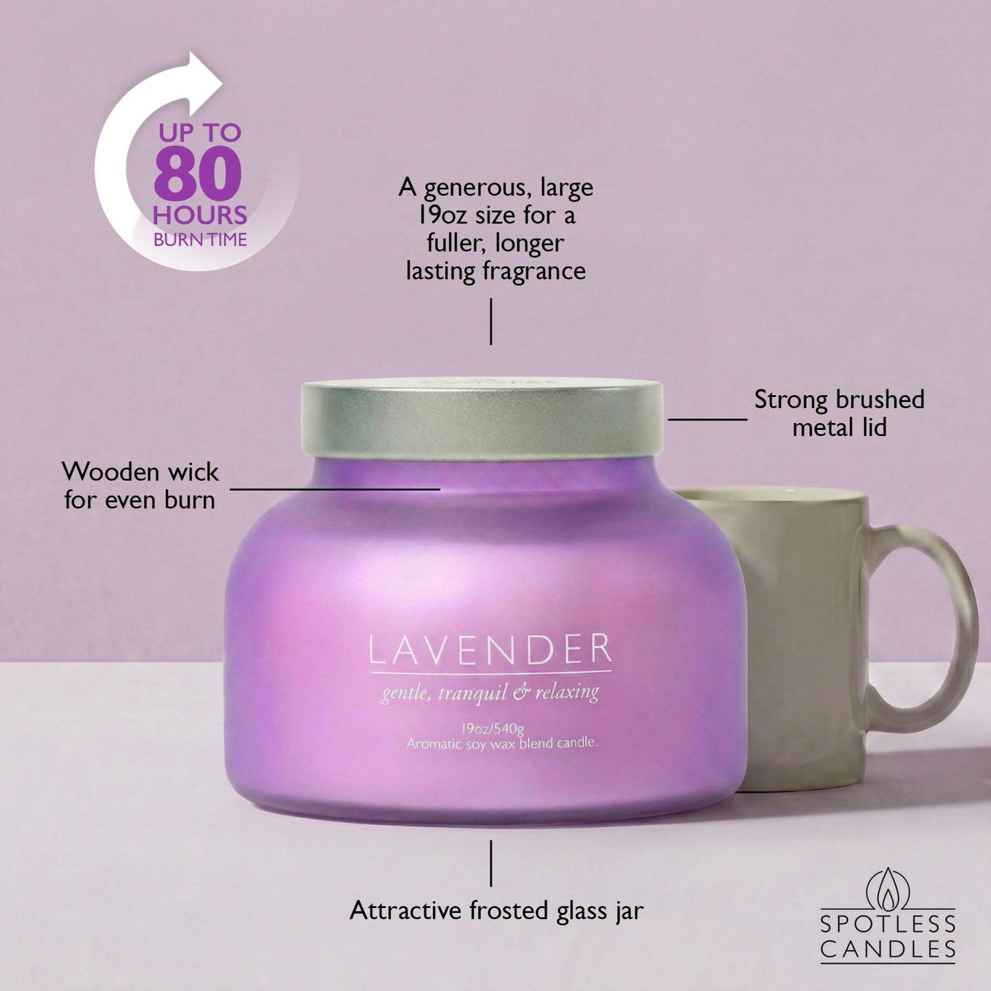 Lavender Candle 19oz Volcano Jar with Wooden Wick Upto 75 Hours Burn Time in a Large 4" x 5" Solid Purple Glass Jar in a Luxury Gold Foil Gift Box