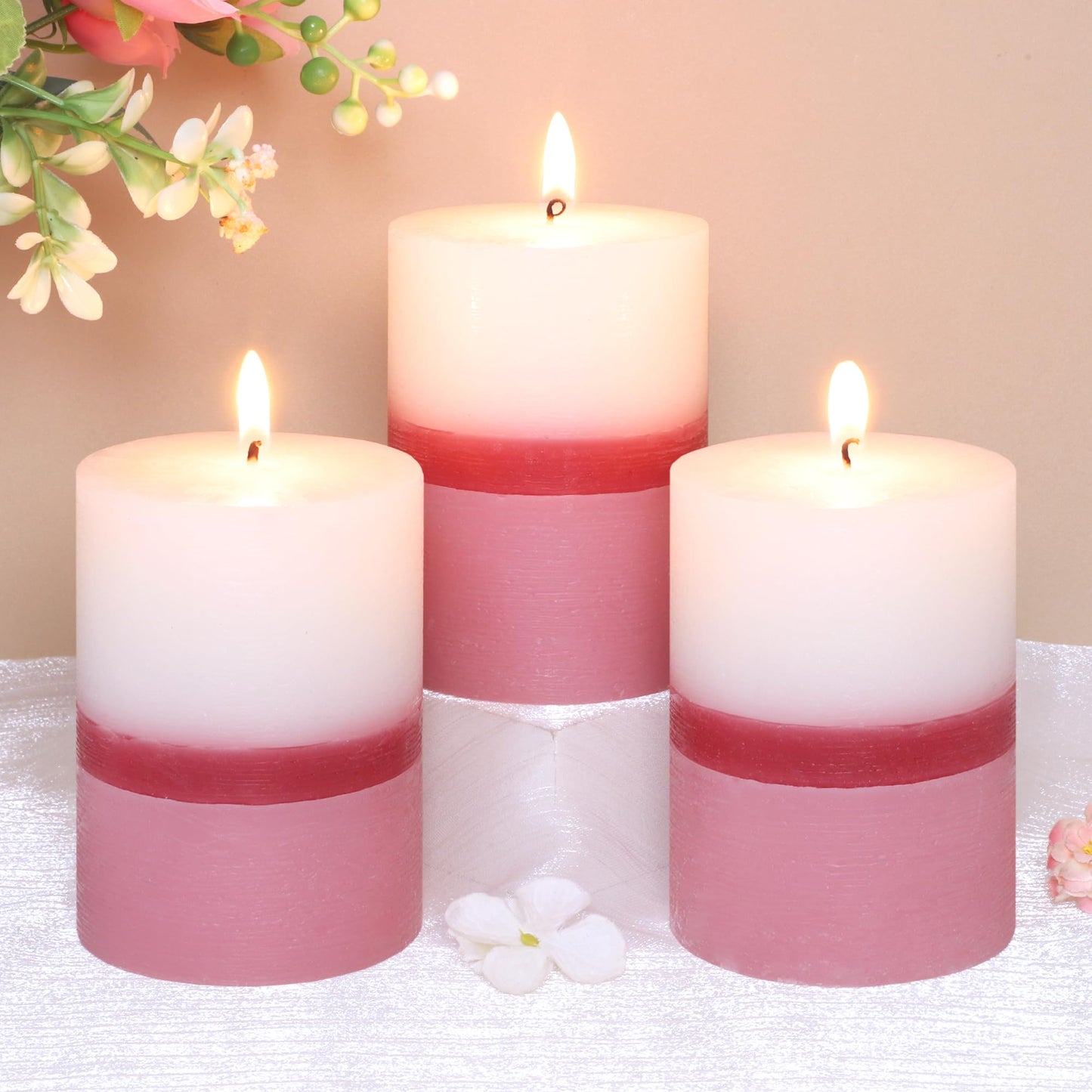 Scented Pillar Candles 3x4 Inch Pink White Ombre Cotton Core Sweet Flower Scented Candles, Set of 3, 50+ Hours Burn Time|1PC Aromatherapy Candle