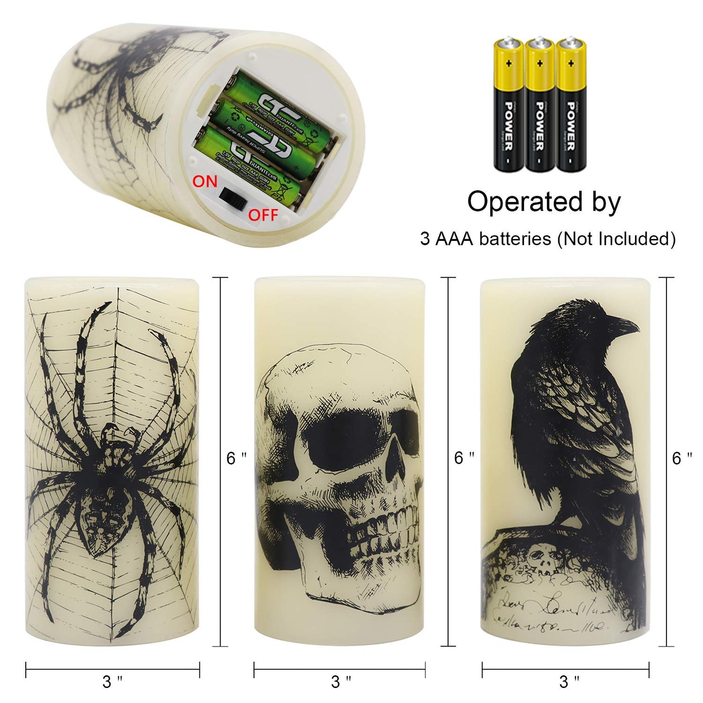 Lasumora Halloween Flameless Candles with 6H Timer, LED Pillar Candles mit Skull, Spider Web, Crow Raven Decals Set of 3, Battery Operated Real Wax Candles, Halloween Decor Horror Gothic Punk