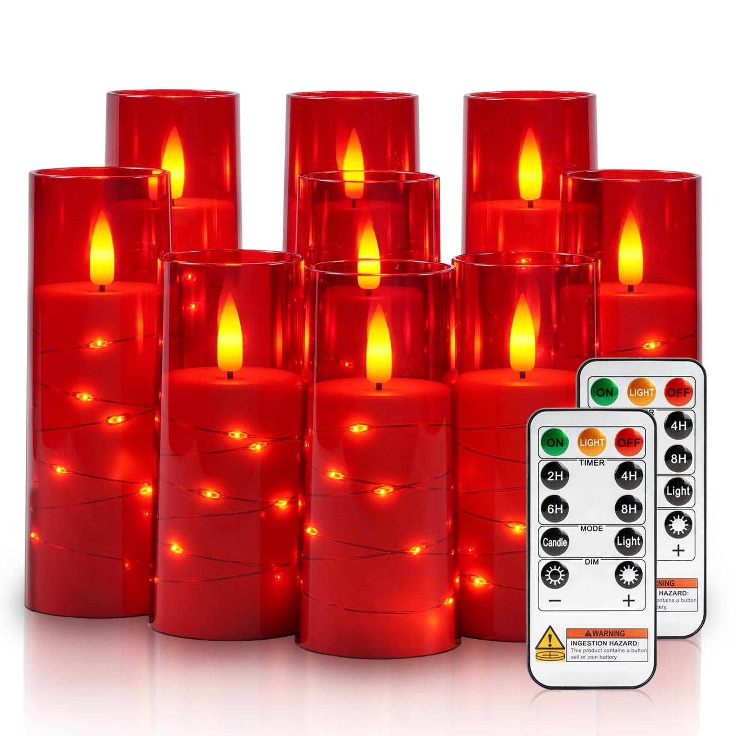 Raycare Independence Day Flameless Candle with Remote Timer – 9 Flickering Acrylic Battery Operated LED Pillar Candles with Embedded Star String for 4th of July Home Patriotic Decor, as a Gift (Red)