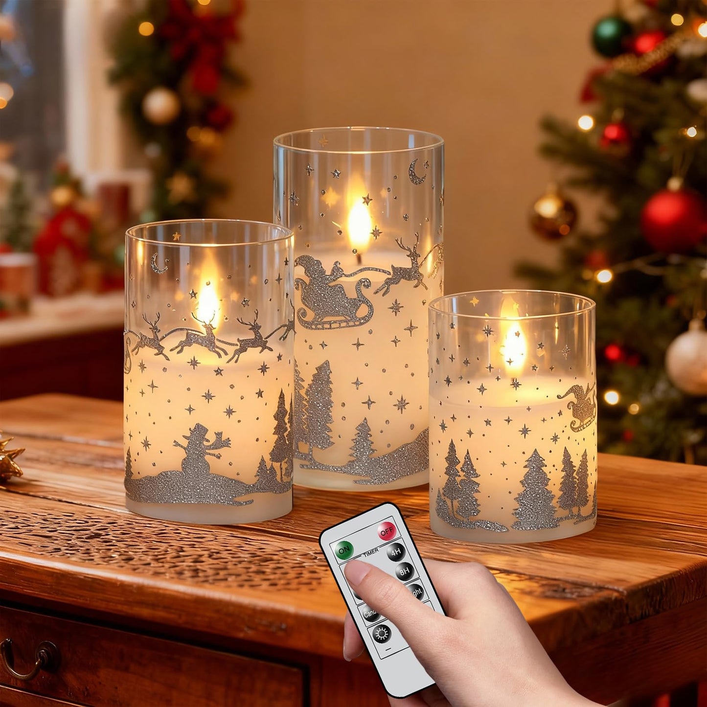 DRomance Reindeer Glass Flameless Candles Battery Operated with Remote and Timer Real Wax Silver Glitter 3D Wick LED Flickering Candles Warm Light Indoor Christmas Holiday Decor 3" D x 4", 5", 6" H