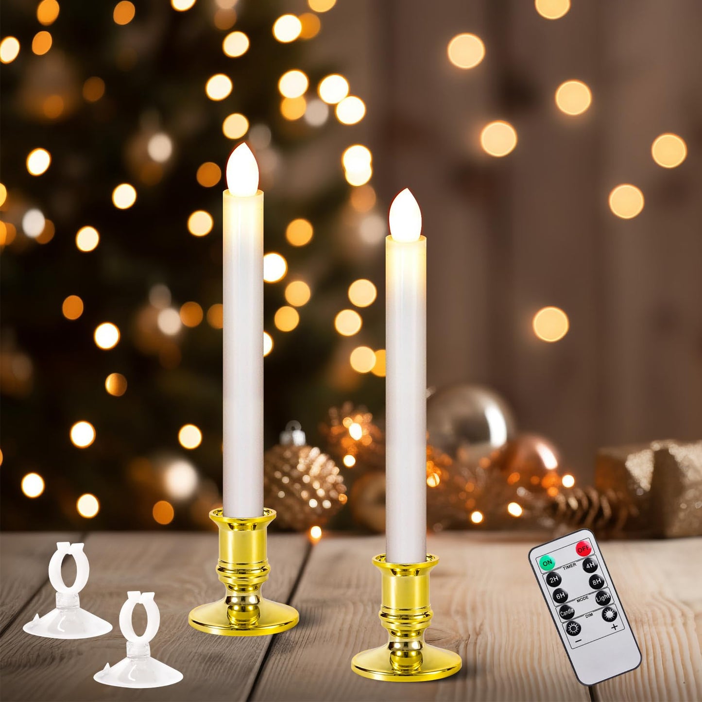 Qmioti 2 Pack Christmas Window Candles with Remote Timer, Flickering Flameless Candles with Candle Holders Suction Cups for Christmas Party Decorations, Gold