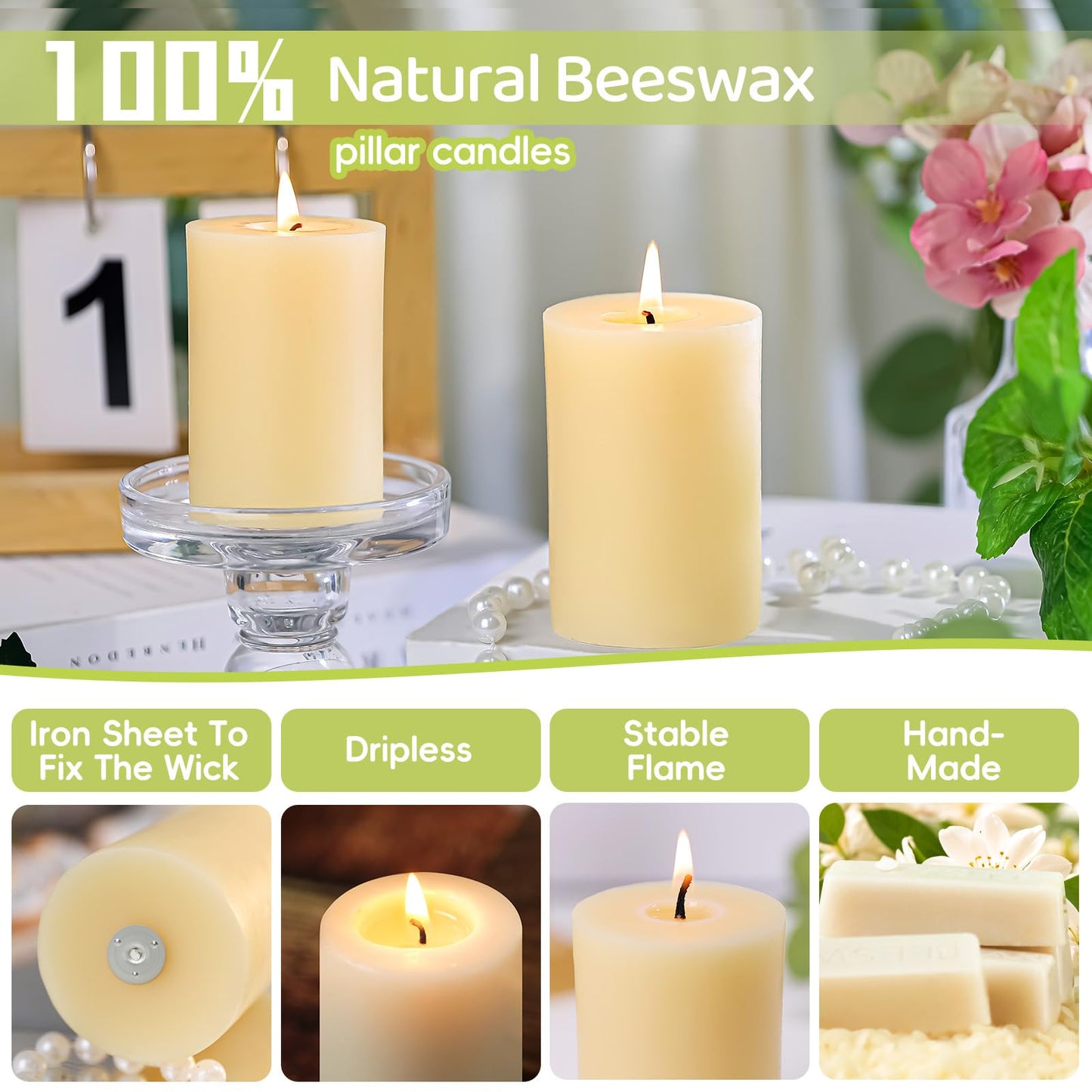 6 Pack Beeswax Pillar Candles,Ivory White Beeswax Candles-180 Hours Long Burning,Unscented Bees Wax Candles for Home,Prayer,Emergency,Dripless Smokeless Organic Pillar Candles 2x3in