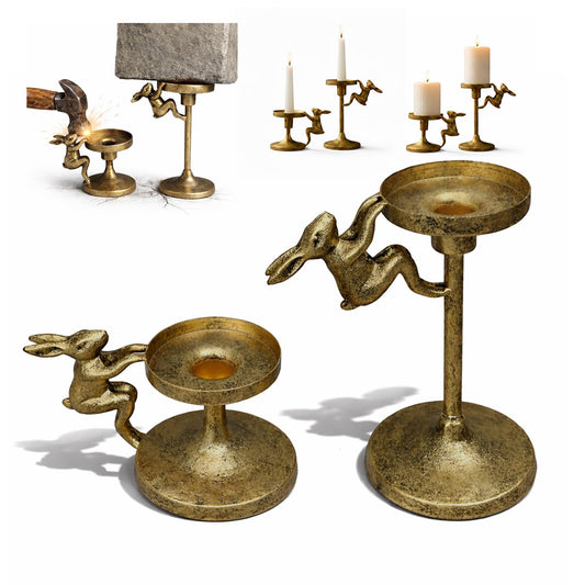 Set of 2 Cast Iron Climbing Bunny Candle Holders, Vintage Heavy-Duty Decorative Stands for 7/8" Taper Candlesticks and 3" Pillar Candles, Lively Easter & Spring Mantel Decor (Antique Brass)