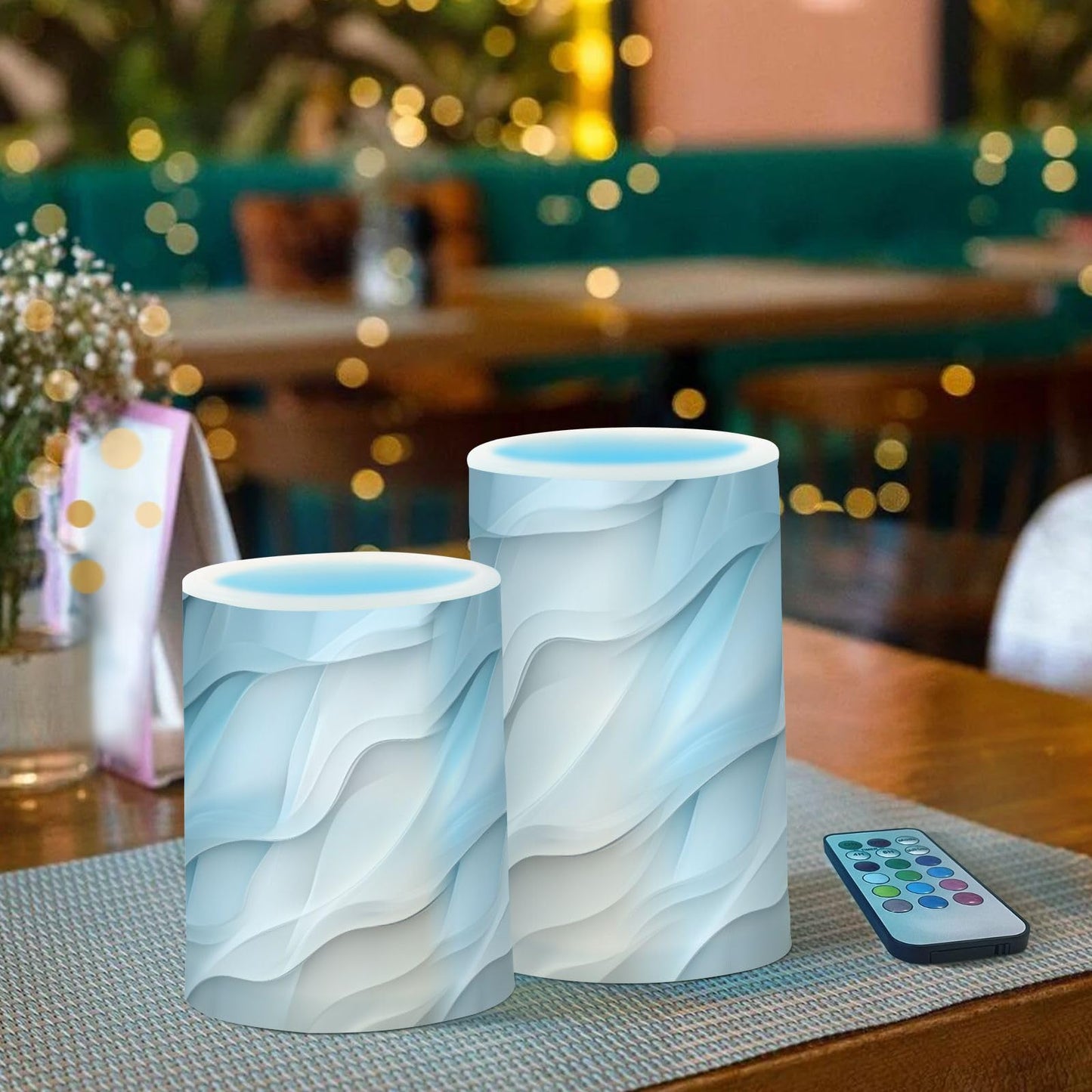 zyrtty 2 Pack Plastic Flameless Candles Modern Geometric Teal Blue Brown Aesthetic Battery Operated with Remote and Timer Real Wax LED Flickering Pillar Candles Set Window Christmas Holiday Decor