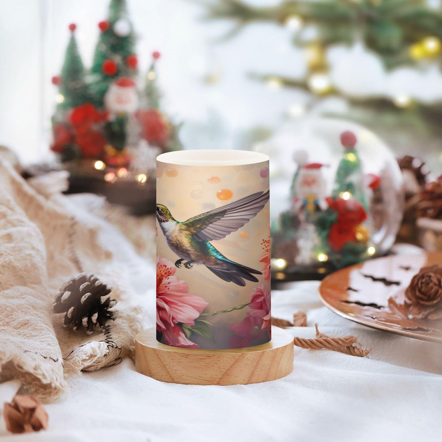 senya Lights Flameless Candles Spring Pink Flower Hummingbird Pillar Candles Set of 2 Battery Operated Remote Control Warm Lights Home Decor