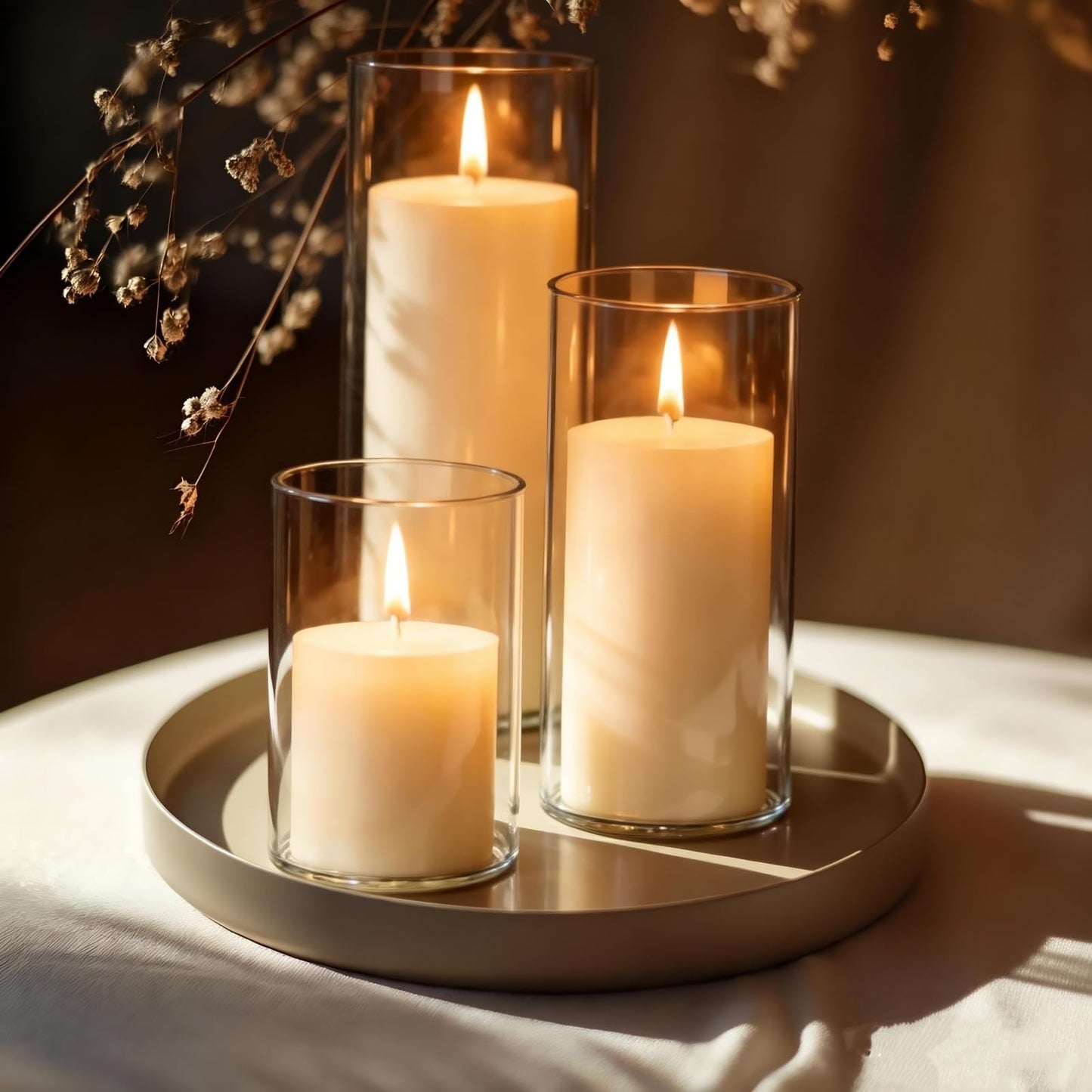 UDU 24 PCS White Pillar Candles with Glass Cylinder Vases Hurricane Glass Candle Holders for Pillar Candles Cylinder Vases for Centerpieces Wedding Table Party Home Decor