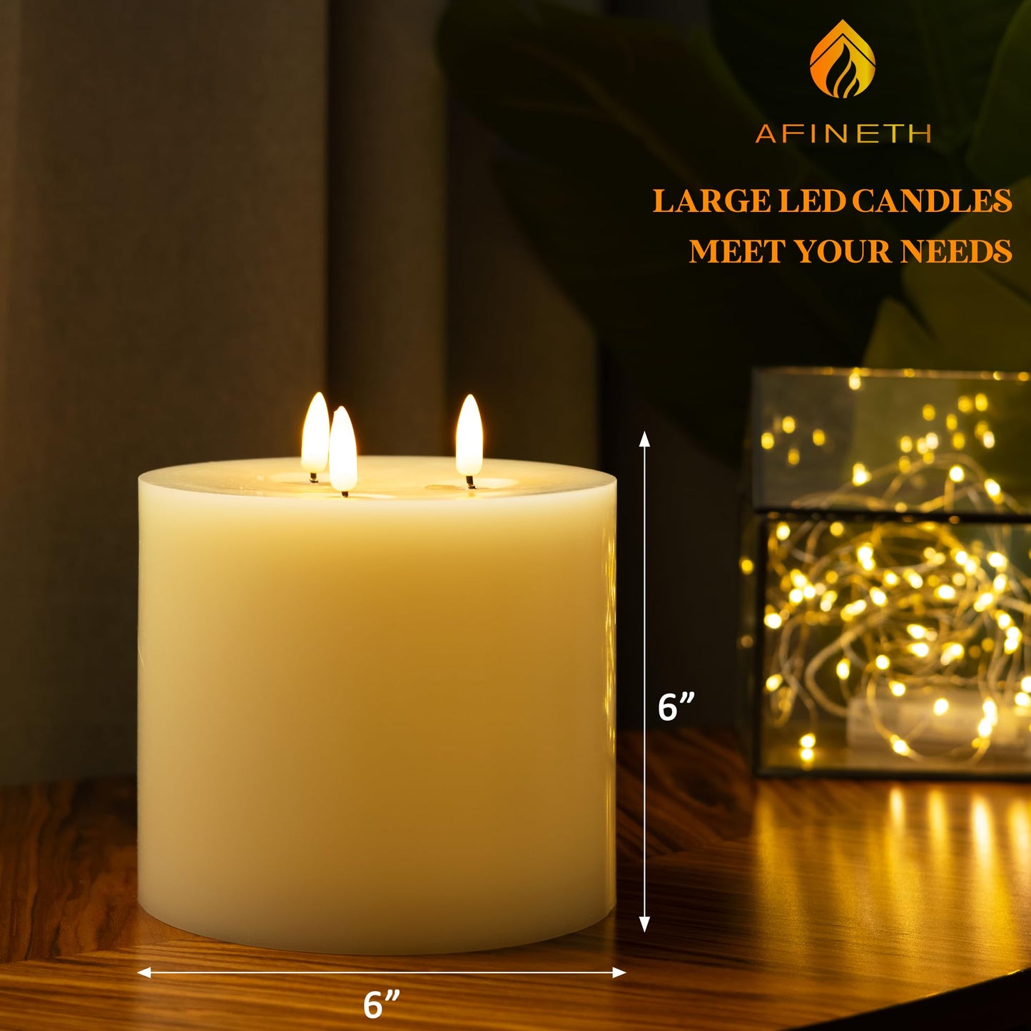 AFINETH Extra Large Flameless Candles, 6"x6" Real Wax Battery Operated Candles with Remote and Timer, Flickering LED Pillar Candles with 3 Wicks for Home, Wedding, Party, Holiday, Ivory