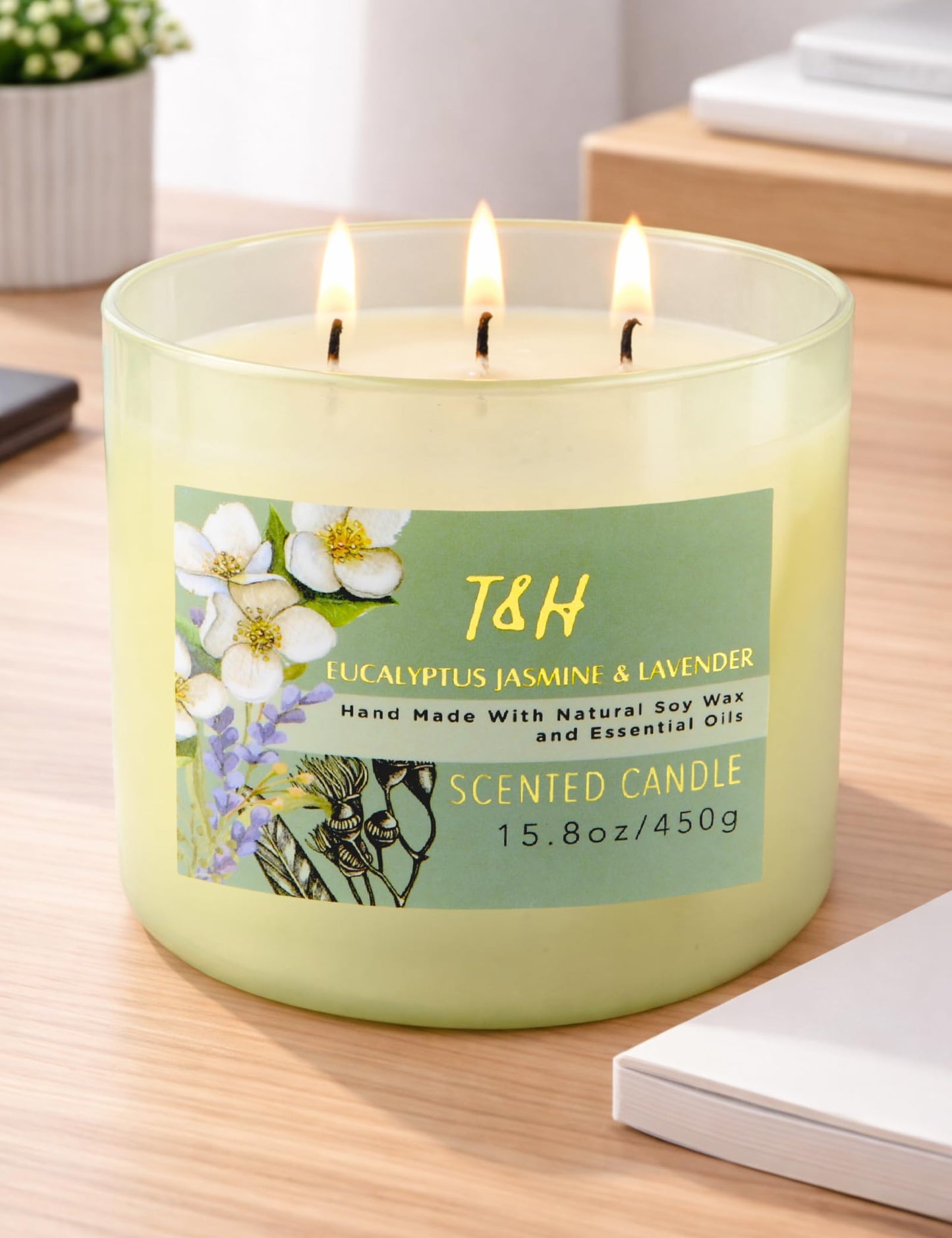 Eucalyptus Jasmine Lavender Scented Candle | 3 Wick Large Soy Candle for Home 15.8oz | Relaxing Aromatherapy Spa Candle | Strong Scent, Long Lasting, Clean Burn | Stress Relief Gift for Women & Men