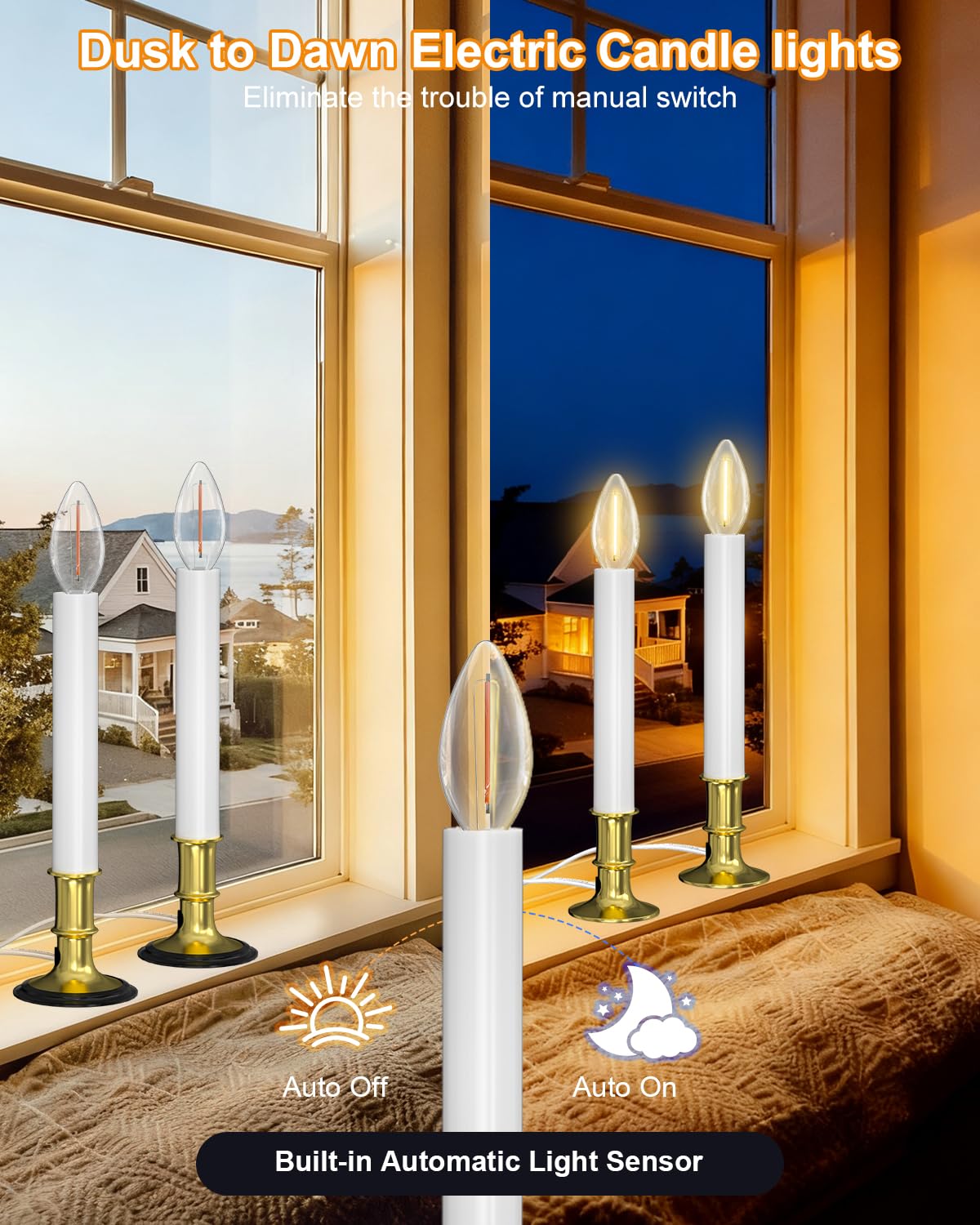 SUNSGNE Christmas Electric Window Candle Lights with Auto Sensor, Dusk to Dawn Candle Lamps with Gold Plated Base, 9'' Plug in Candle Lights with 0.6W LED E12 Bulbs for Window Table Decor, 4 Pack