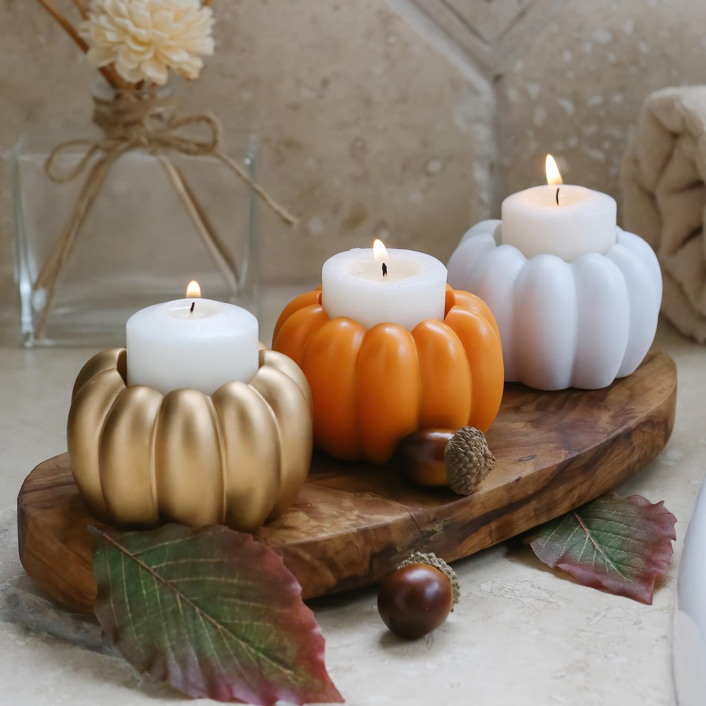 Kate Aspen 2-in-1 Pumpkin Candle Holder Set - Orange Fall Taper, Tealight & Votive Candle Holders - Pumpkin Table Centerpiece, Fall Candle Decor, Halloween Candlestick Holder (Set of 6)