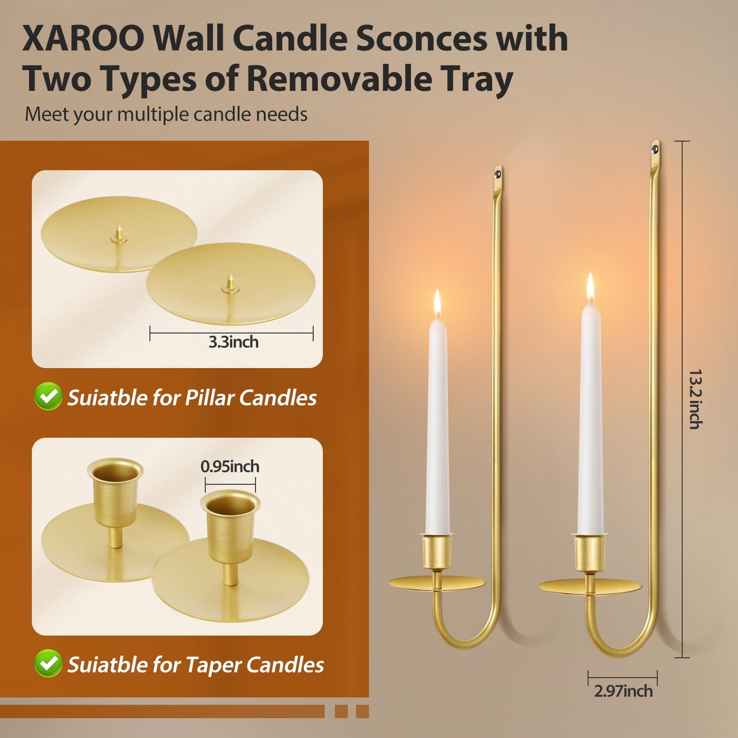 Gold Candle Sconces Set of 2, 13.2 Inch Taper & Pillar Wall Candle Holder, Wall Candle Sconces Set of Two, Decor for Entryway, Fireplace, Living Room, Gifts for Women Men