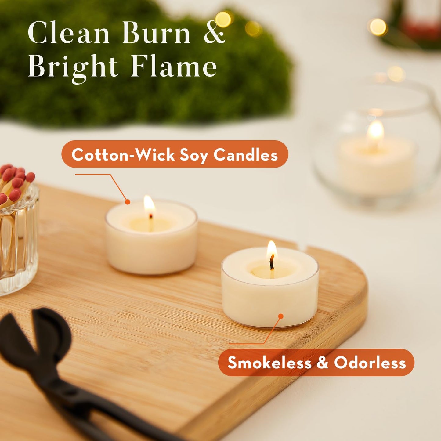Crenovo Tea Lights Candles 50 Pack, Natural Soy Wax Tealights Candles Bulk 6 Hours Non-Toxic, Long Burning, Unscented Small Votive Cup Candles for Wedding, Party, Dinner, Emergency