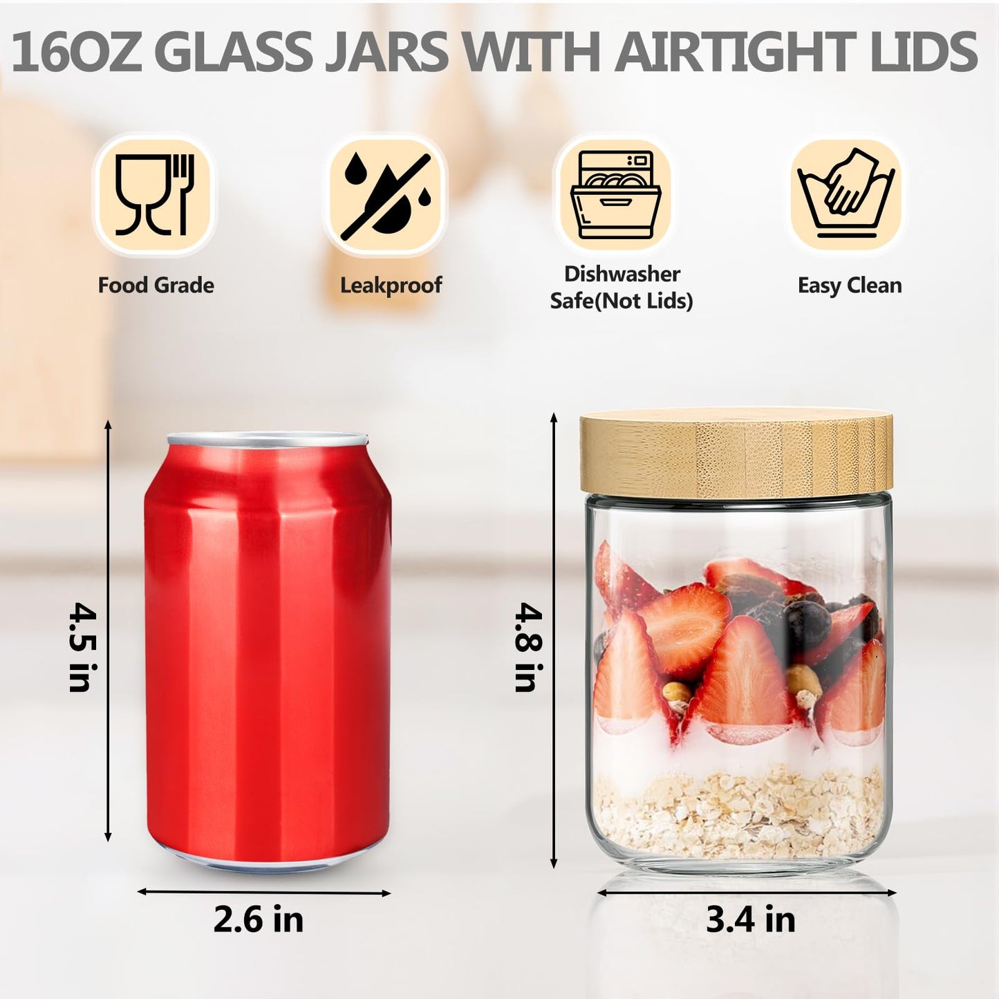 TBWIND 4 Pack 16oz Glass Jars with Bamboo Lids, Spoons, Airtight Overnight Oats Containers, Wide Mouth Mason Jars, Food Storage Container for Yogurt Salad Snacks Spice Sugar Meal Prep – Reusable