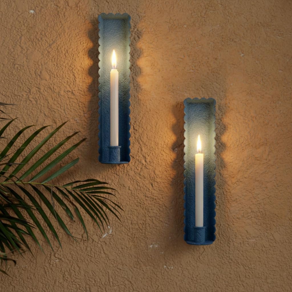 AimtoHome Blue Wall Candle Sconces Set of 2, Scalloped Edge Box-Shaped Cast Iron Farmhouse Church Holders for Taper Candles, Wall Mounted Rustic Candle Sconce for Living Room, Dining Room Decor