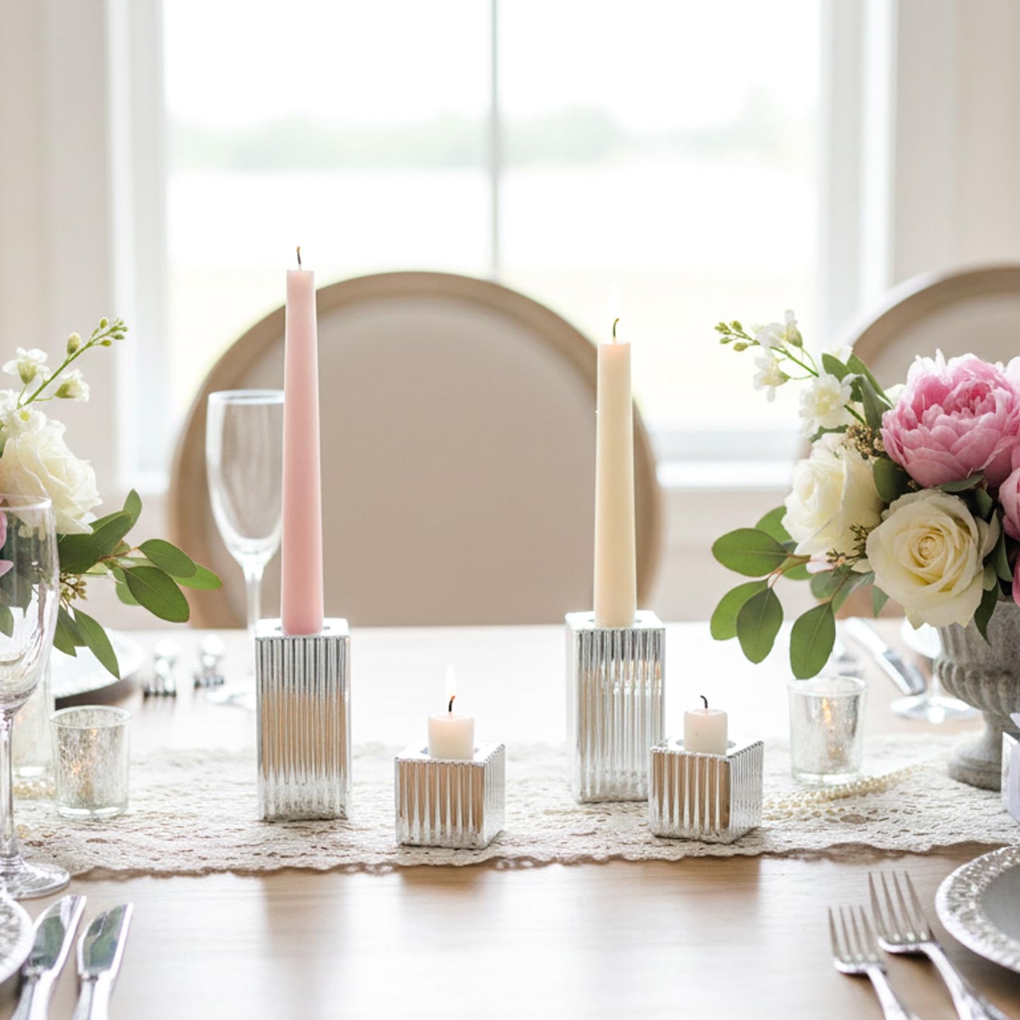 LETINE 12pcs Silver Vertical Stripe Glass Candlestick Holders - Chic Taper Candle Sticks Holder Set for Elegant Dining & Home Decor - Ideal for Valentine's Day, Halloween, Thanksgiving