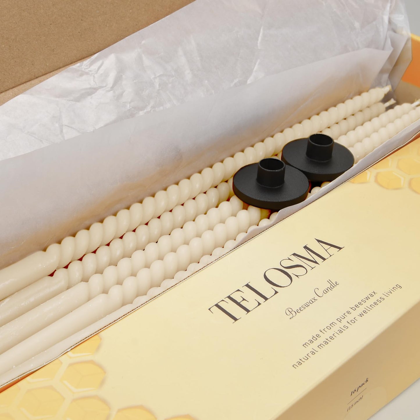 1/2 Inch Skinny Spiral Beeswax Taper Candles - 15 inch Tall Thin Candlesticks 1/2 Inch Diameter - Slim Taper Candles - Natural Beeswax Candlesticks, Off-White Candles Set of 16