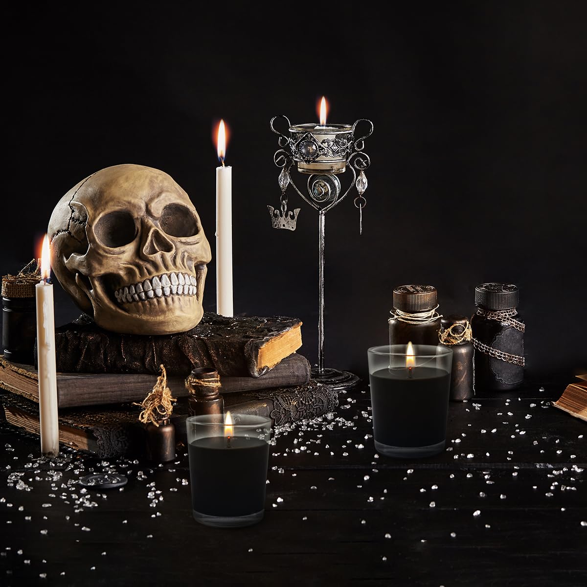 Set of 4 Black Votive Candles for Halloween Pumpkin, Clear Glass Filled Unscented Soy Wax Candle for Dinner, Parties, Home Decorations and DIY