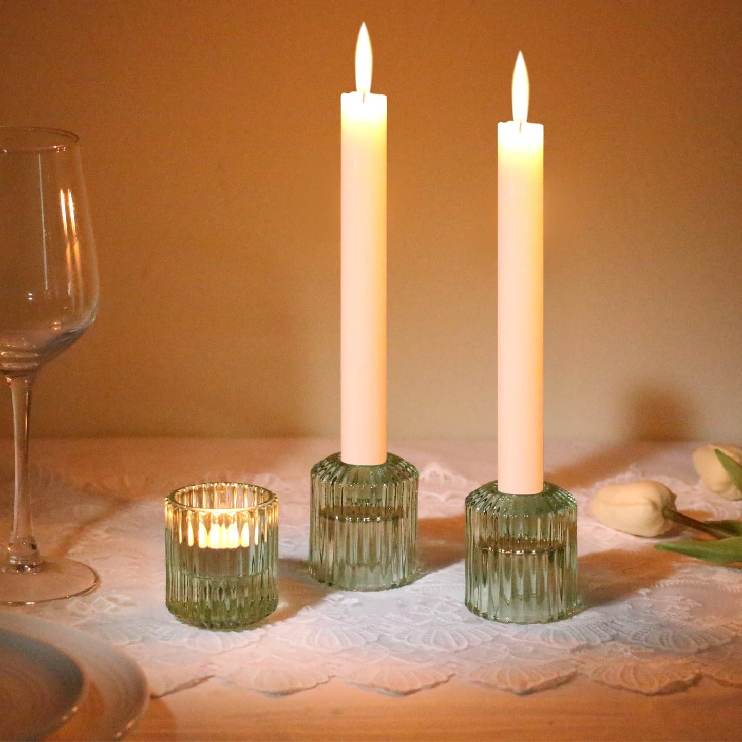 CHOCSTAY Reversible Green Glass Candle Holder Set of 6, Thick Heat-Resistant Glass Candlestick Holders for Taper, Tealight, Votive, LED Candles, Perfect for Wedding, Party, Home Décor