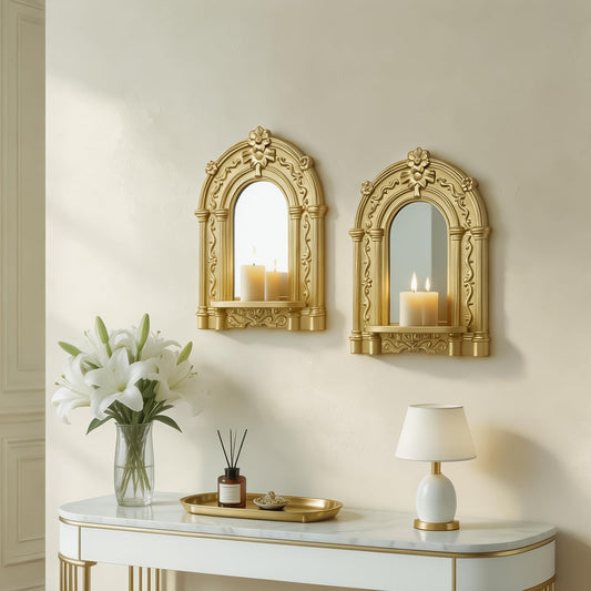 sxnzequnze 2 Set Vintage Candle Wall Sconce for Home Decor Living Room Bedroom Office Wood Antique Mirrored Victorian Mounted Candlestick Wall Holder Relief Hanging Decor -Gold 11.8in