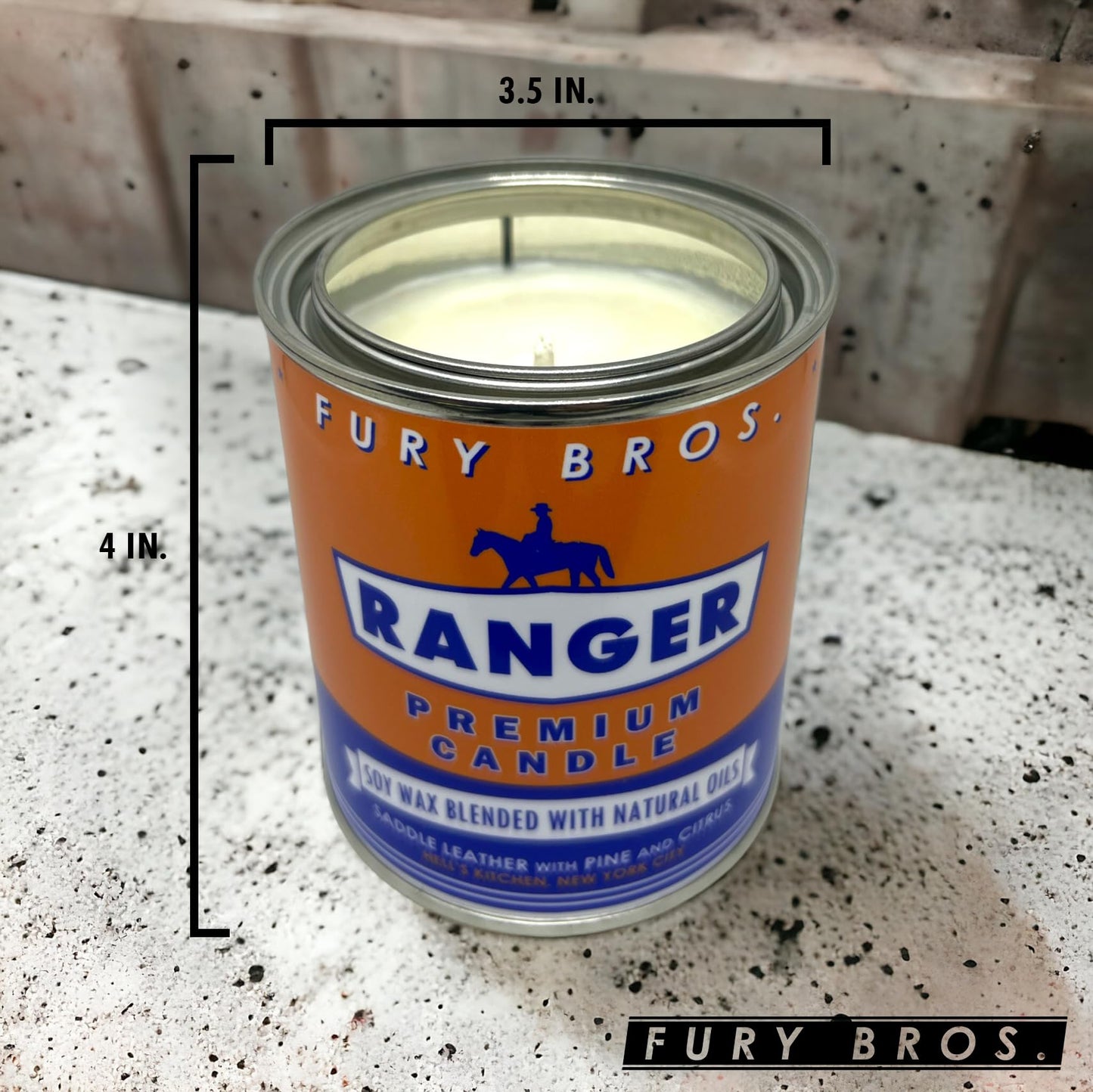 Fury Bros. Scented Candles for Men | Ranger | Saddle Leather Pine Citrus | Natural Soy Wax | Hand-Poured in the USA | Long 70-80 Hour Burn (12.5 oz) | Vintage-Inspired Tin Design | Dad Home Gift