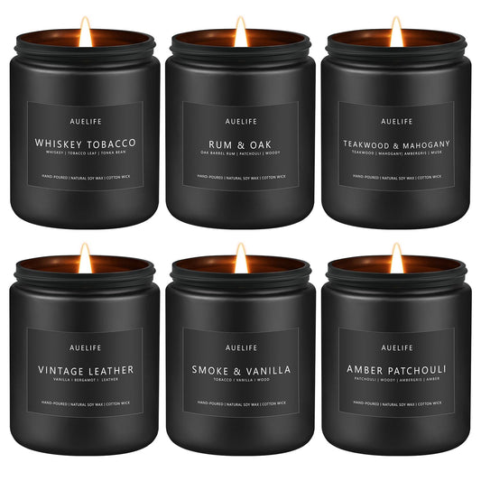 Scented Candles Set | Gifts for Men - 6Pack Candle Set - Masculine Candle, Soy Candles for Home Scented, Aromatherapy Gift - Fragrance of Smoke Vanilla/Leather/Mahogany/Tobacco/Oak/Amber Patchouli