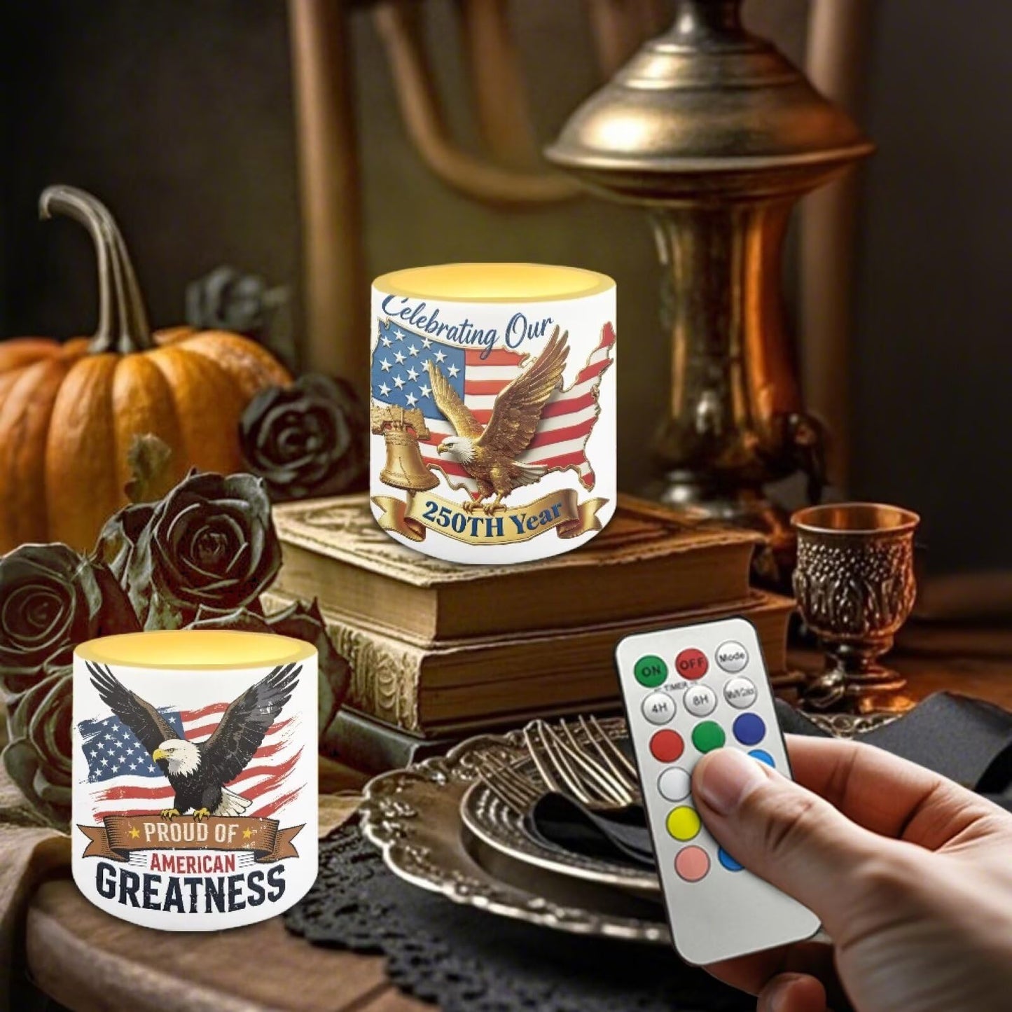 NETILGEN 3 inch Flameless LED Candles for July 4th Independence Day Decor Set of 4 Timer Remote Flickering Flameless Candles with Battery Operated American Flag Eagle 250th Anniversary