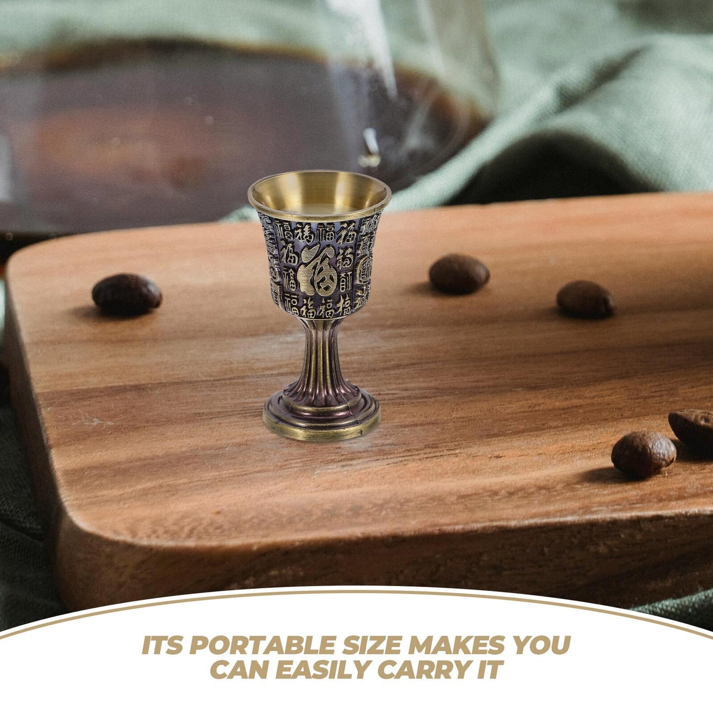 JOYOFREELY Vintage Copper Goblet Chalice Fu Character Engraving, Small Bronze Wine Drinking Cup for Home Bar, Traditional Chinese Style Shot Glass