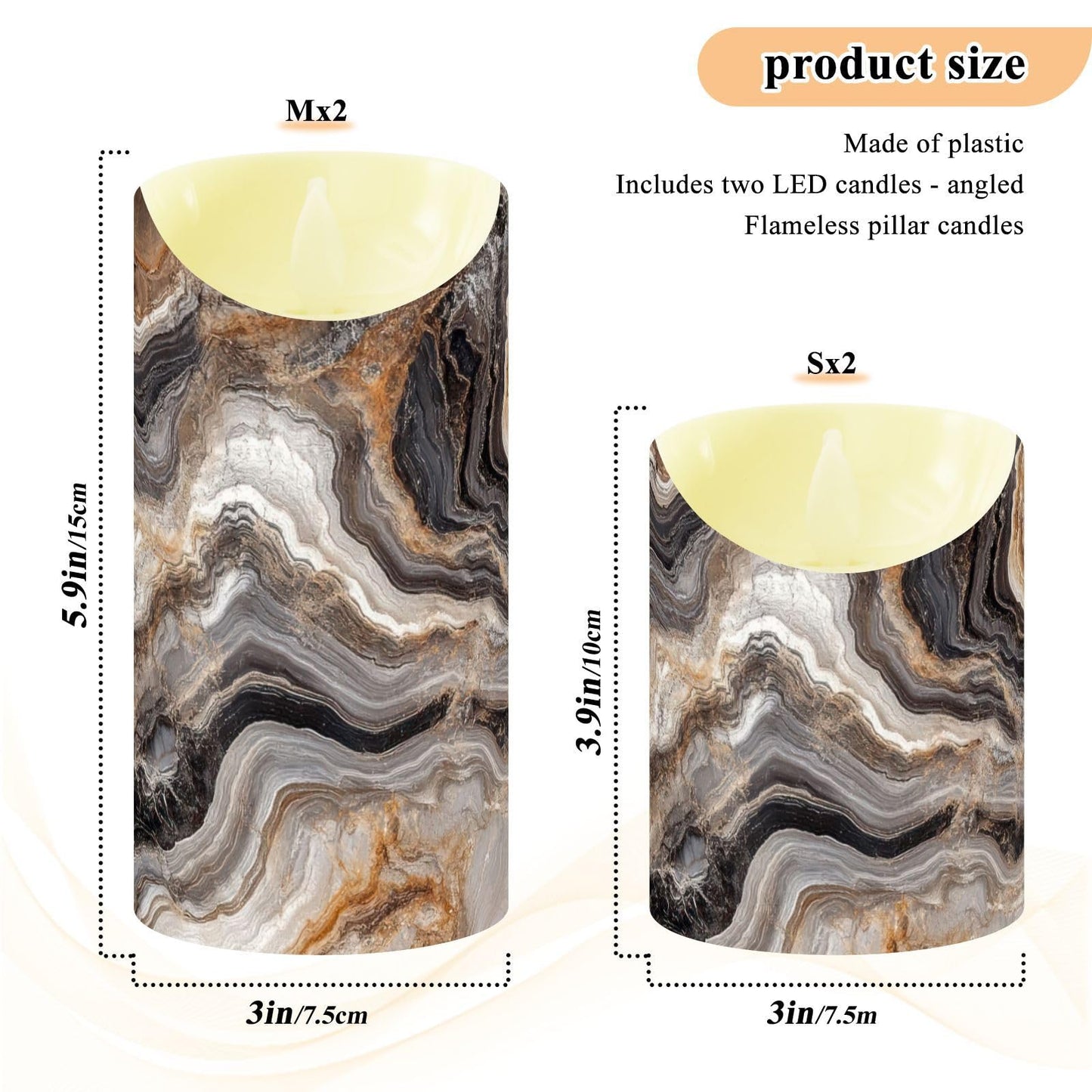 ZRYSMY Abstract Brown Gray Marble Flameless LED Candles with Remote and Timer - 5.9”x3”, 2 Pack, Battery-Operated Flickering Pillar Candles for Home Decor Christmas