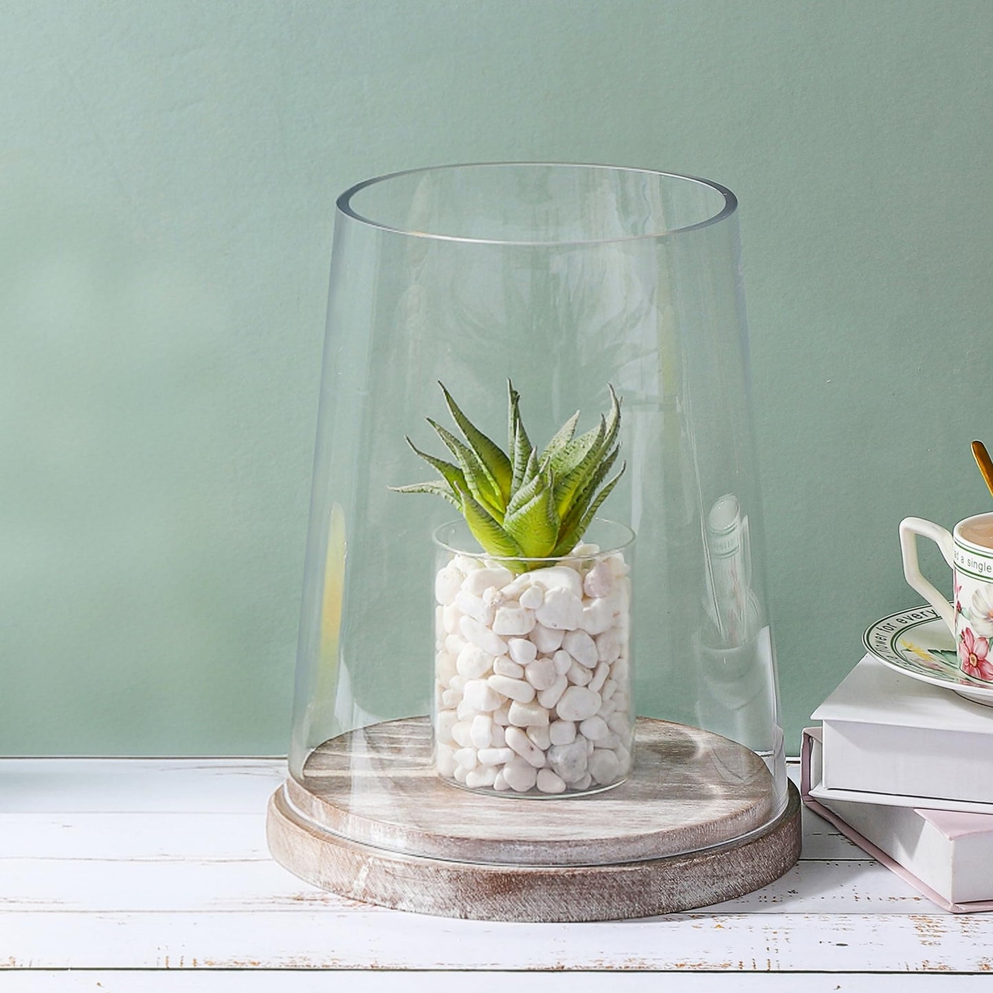 8" Wide Glass Hurricane Candle Holders with Handmade Sturdy Glass Sleeves and Distressed Brown Wood Base for Pillar Candle & Plants, Industrial, Farmhouse, Display Cloche Bell Jars, Table Centerpiece