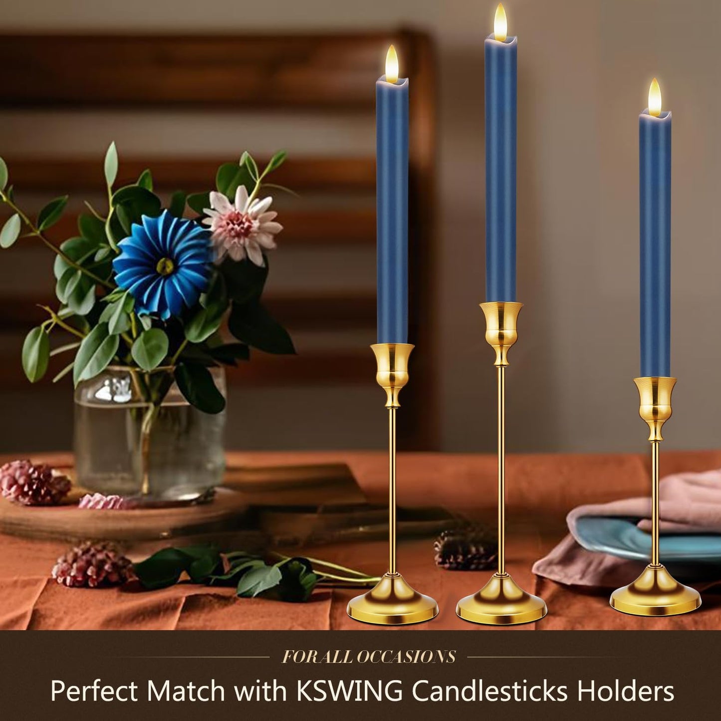 KSWING Upgraded Real Wax LED Flameless Navy Blue Taper Candles with Remote, 6 PCS Candlesticks Battery Operated 3D Flickering - 9.6" Long Realistic Fake Candle Sticks for Home/Wedding/Xmas Deco