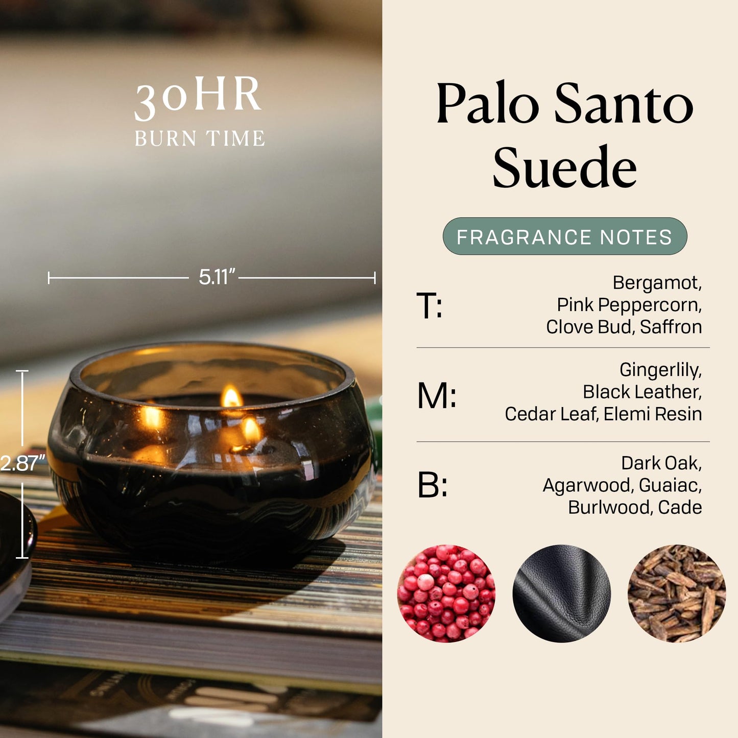 Paddywax Basalt Collection Scented Candle, Soy Wax Blend Glass Jar with Lid, Reusable Home Décor Candle, 10 oz, Black Vessel, Palo Santo Suede