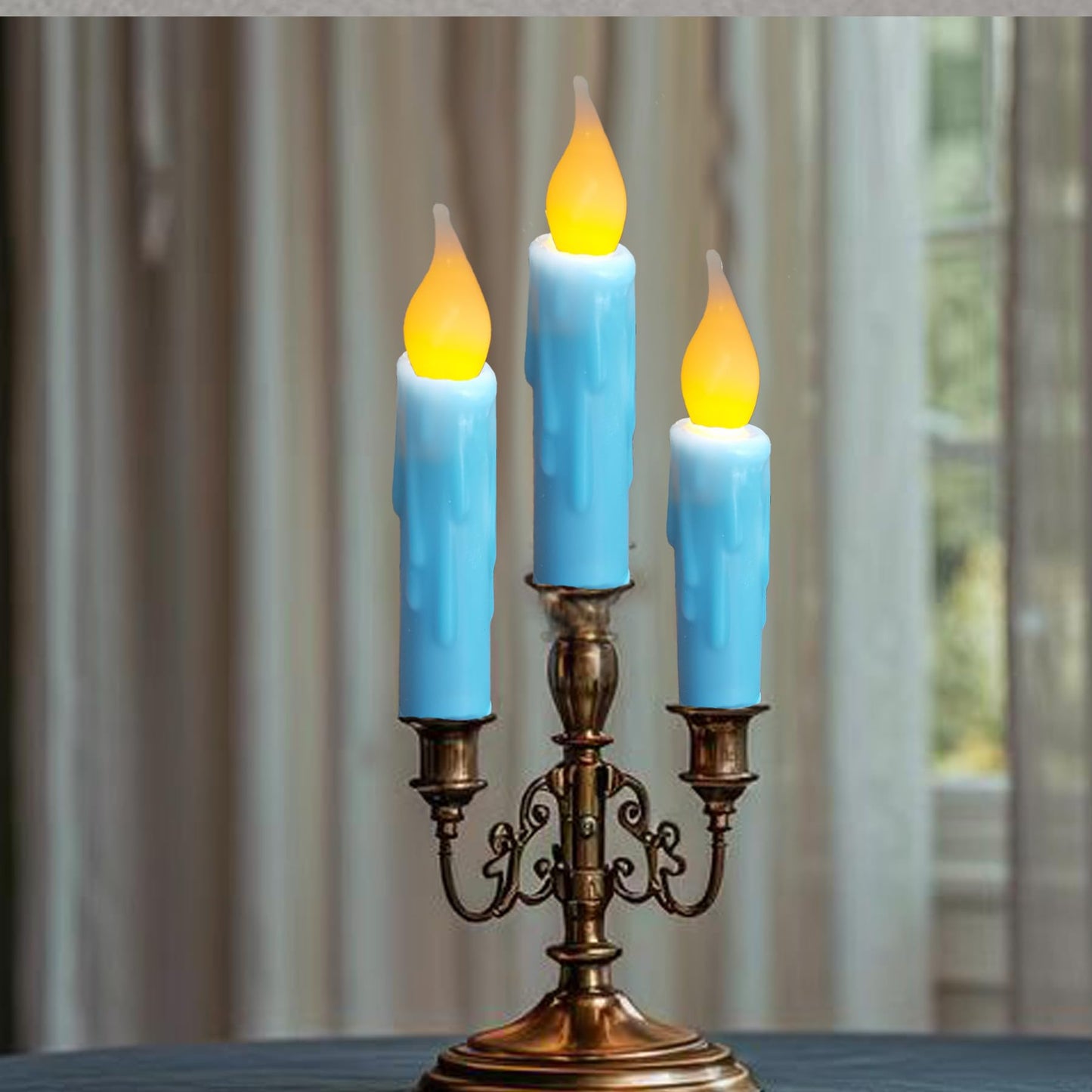 LINCOUNTRY.Primitive Wax Short Taper Candles Battery Operated with Timer Flameless Taper Candles Flickering Flame Small Led Blue Candlesticks for Christmas Halloween Home Decor