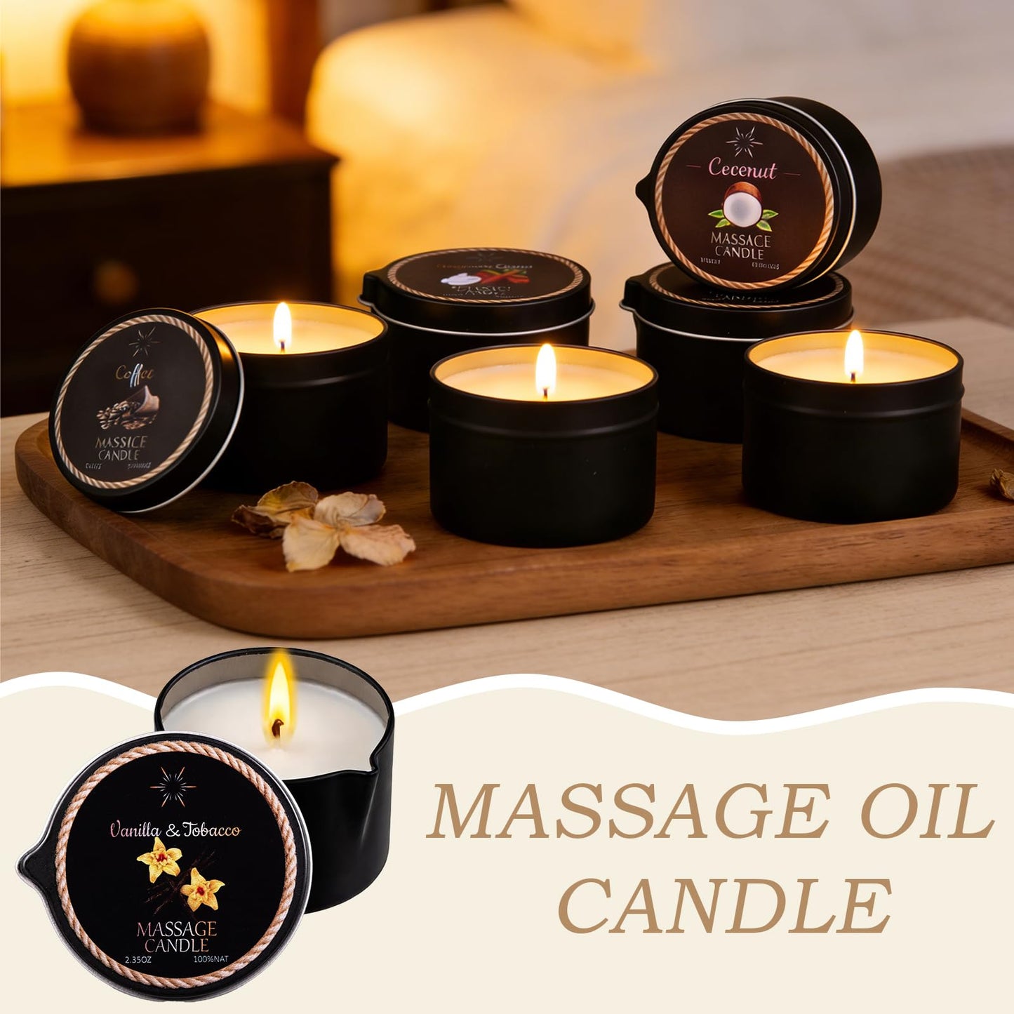 IUJOCQL 6 Pack Low Temperature Massage Oil Candle Set - Soy Wax that Melts Into Skin Nourishing Body Oil Massage Candle for Home Spa, Massage Therapy, Relaxation - Natural - 2.35 oz Each