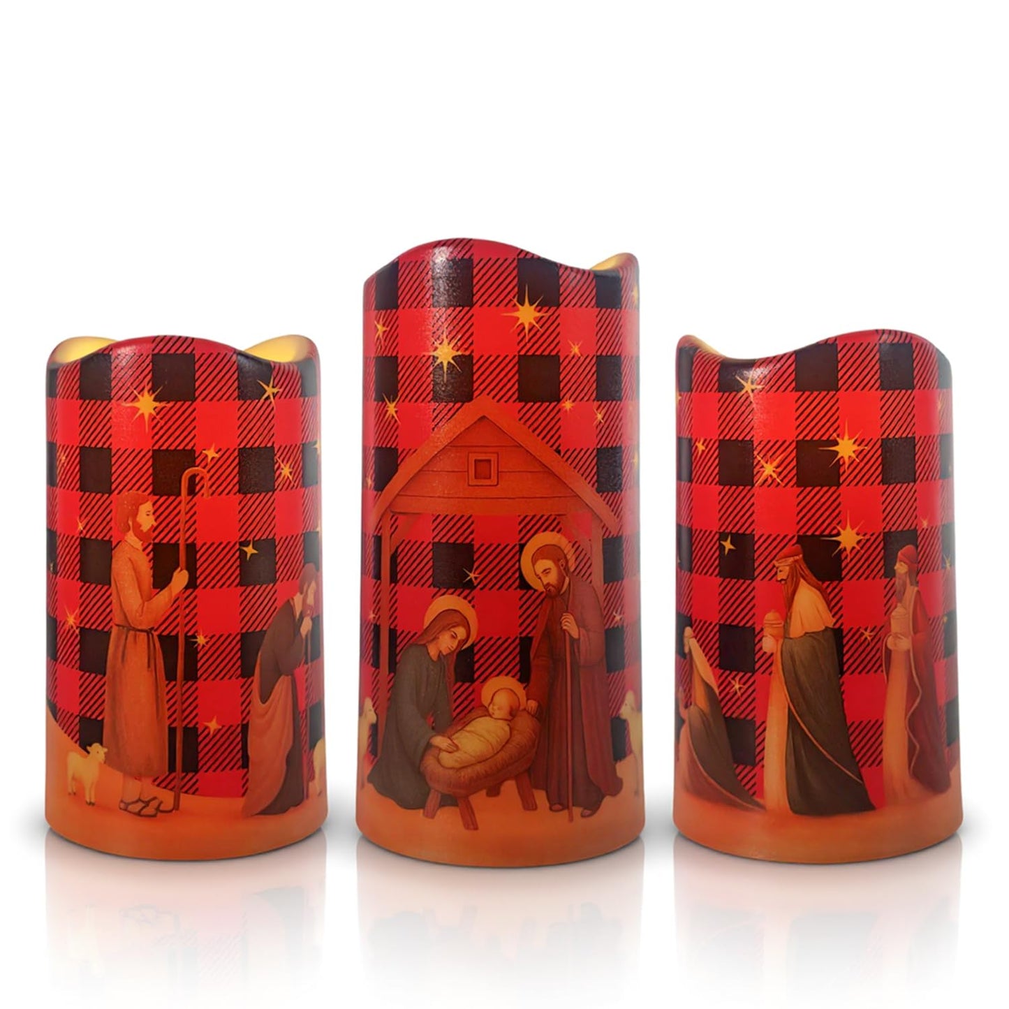 Glflickerow 3Pcs Christmas Red and Black Nativity Scene Flameless Candles LED Pillar Jesus Religion Candle Battery Operated with Timer for Xmas Christian Holiday Table Home Decor Church Party