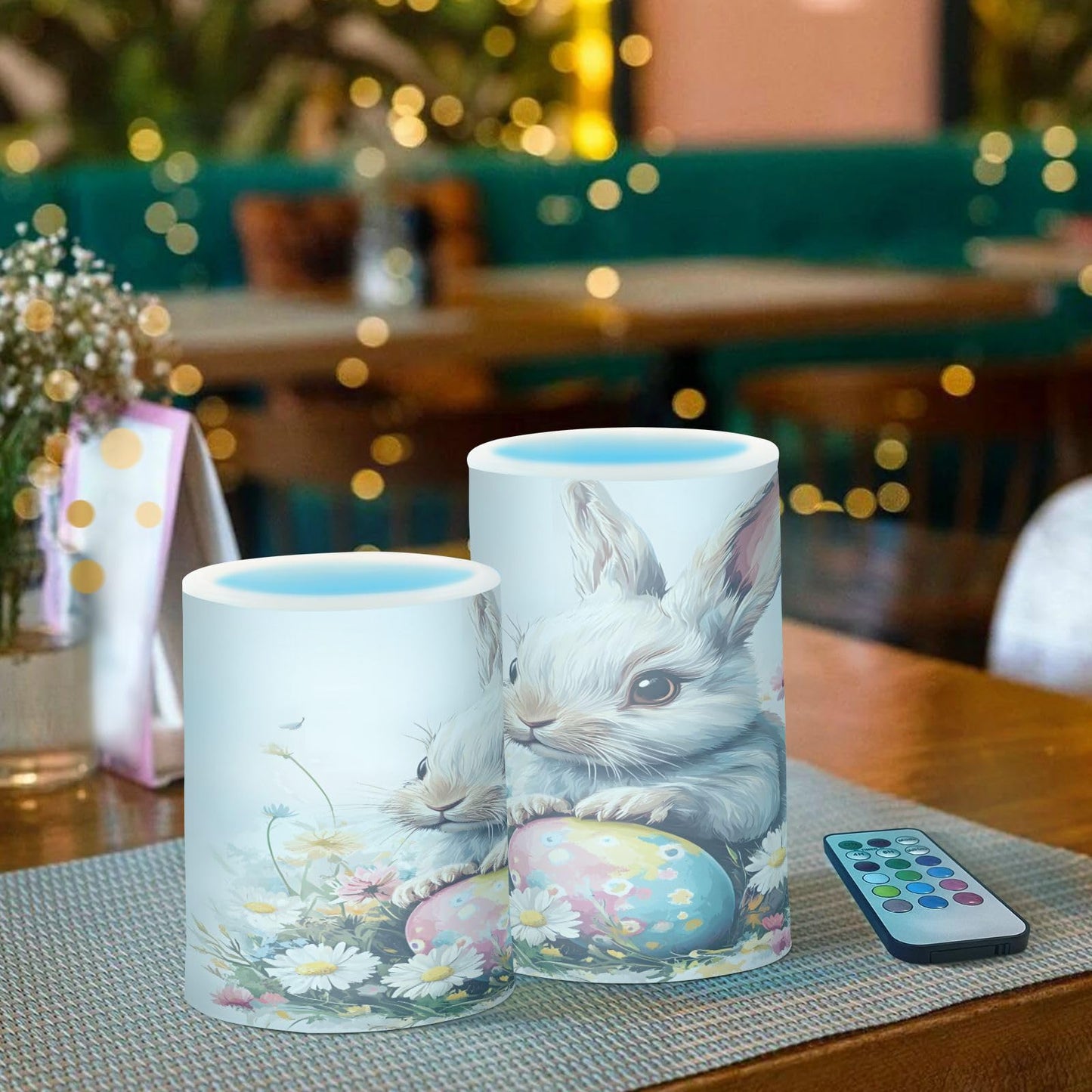 ALAZA Easter Bunny Rabbit Eggs Spring Flowers Flickering Flameless Candles Battery Operated with Remote Timer,Tea Light Candles LED Pillar Votive Candles Set of 2 for Outdoor Indoor Decorations