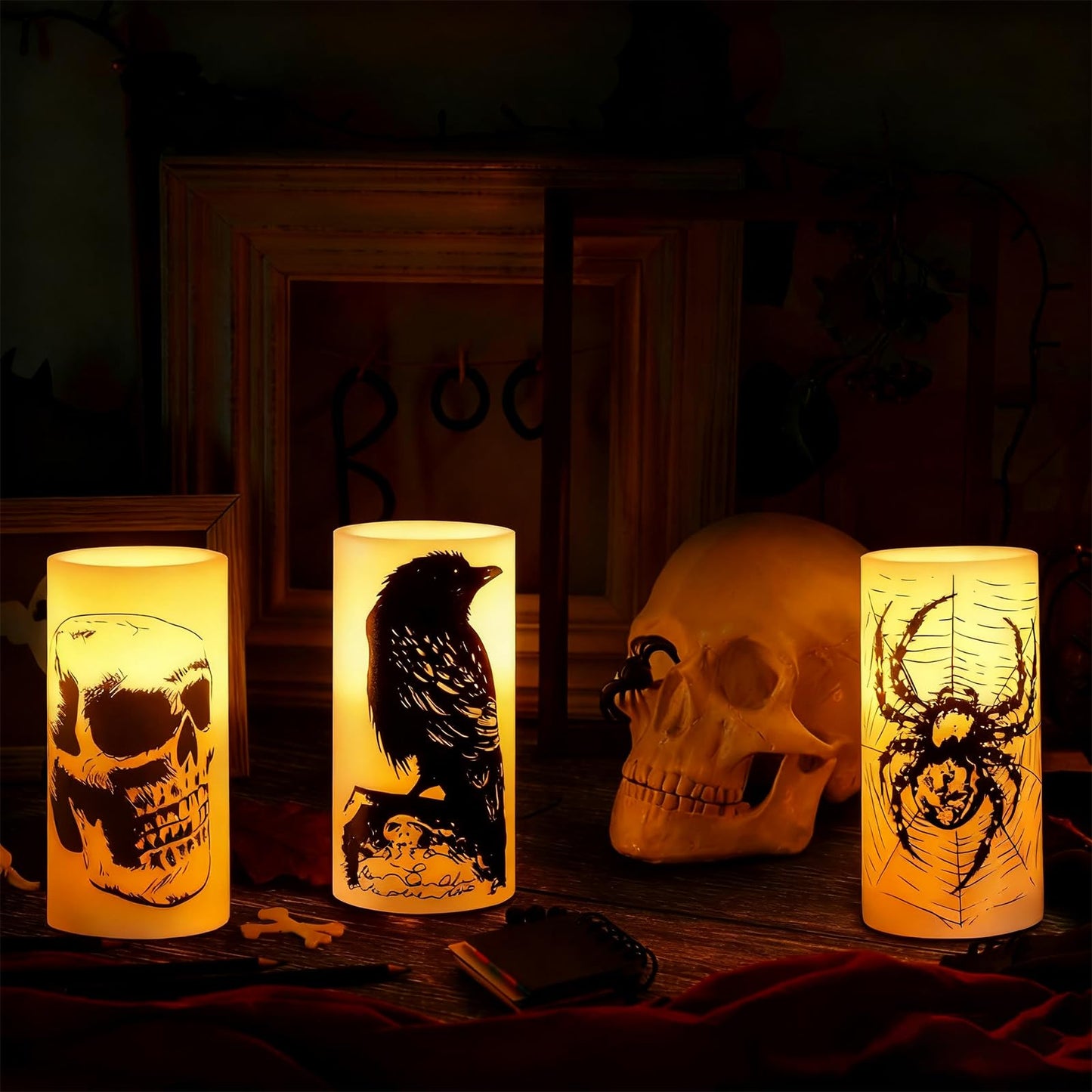 Hbaushun Halloween Flameless Candles LED Flickering Candles with Skull, Crow, Spider Web Decals,Battery Operated with 6 Hour Timer Halloween Decorations Horror Themed Candles(3 Pack, D3 x H6)