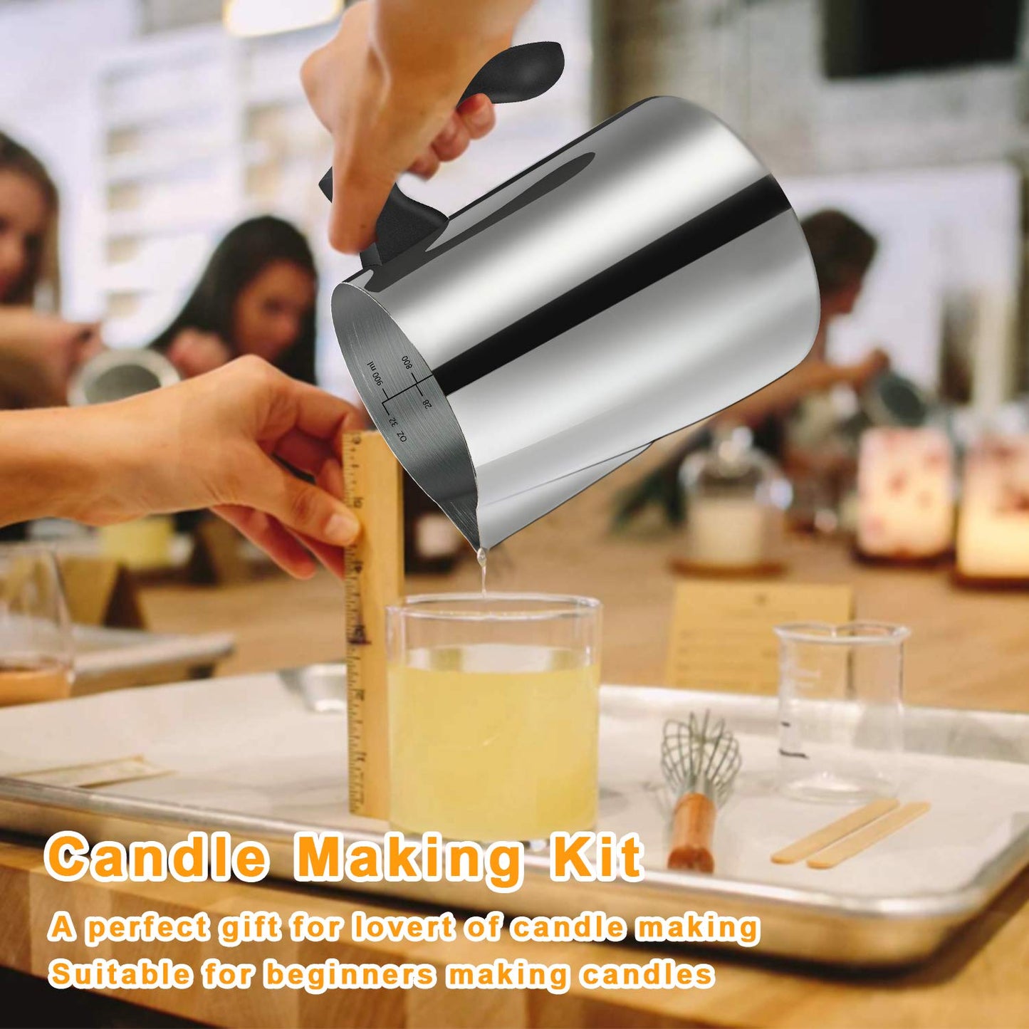 BBAXI Candle Making Kit - 32oz Pouring Pot, 16oz Soy Wax, Wooden Wick Holders, Candle Wicks, Stickers and Spoon