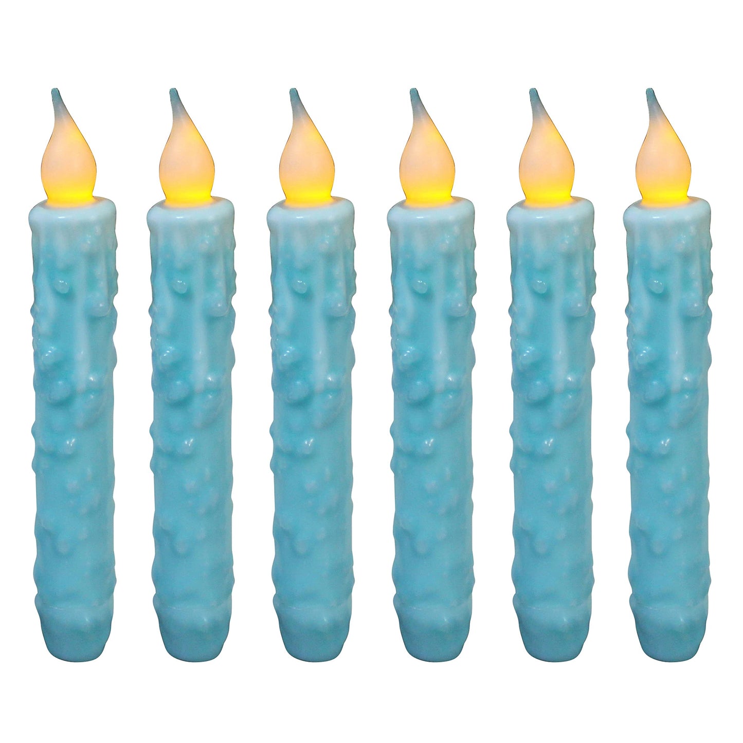 CVHOMEDECO. Real Wax Hand Dipped Battery Operated LED Timer Taper Candles Rustic Primitive Flameless Lights Decor, 6-3/4 Inch, Teal, 6 PCS in a Package