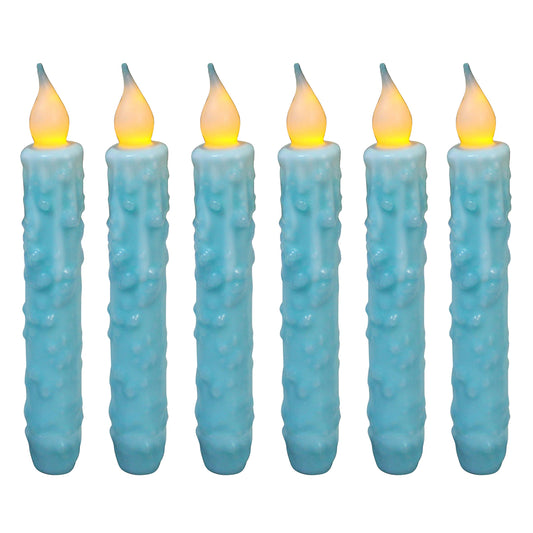 CVHOMEDECO. Real Wax Hand Dipped Battery Operated LED Timer Taper Candles Rustic Primitive Flameless Lights Decor, 6-3/4 Inch, Teal, 6 PCS in a Package