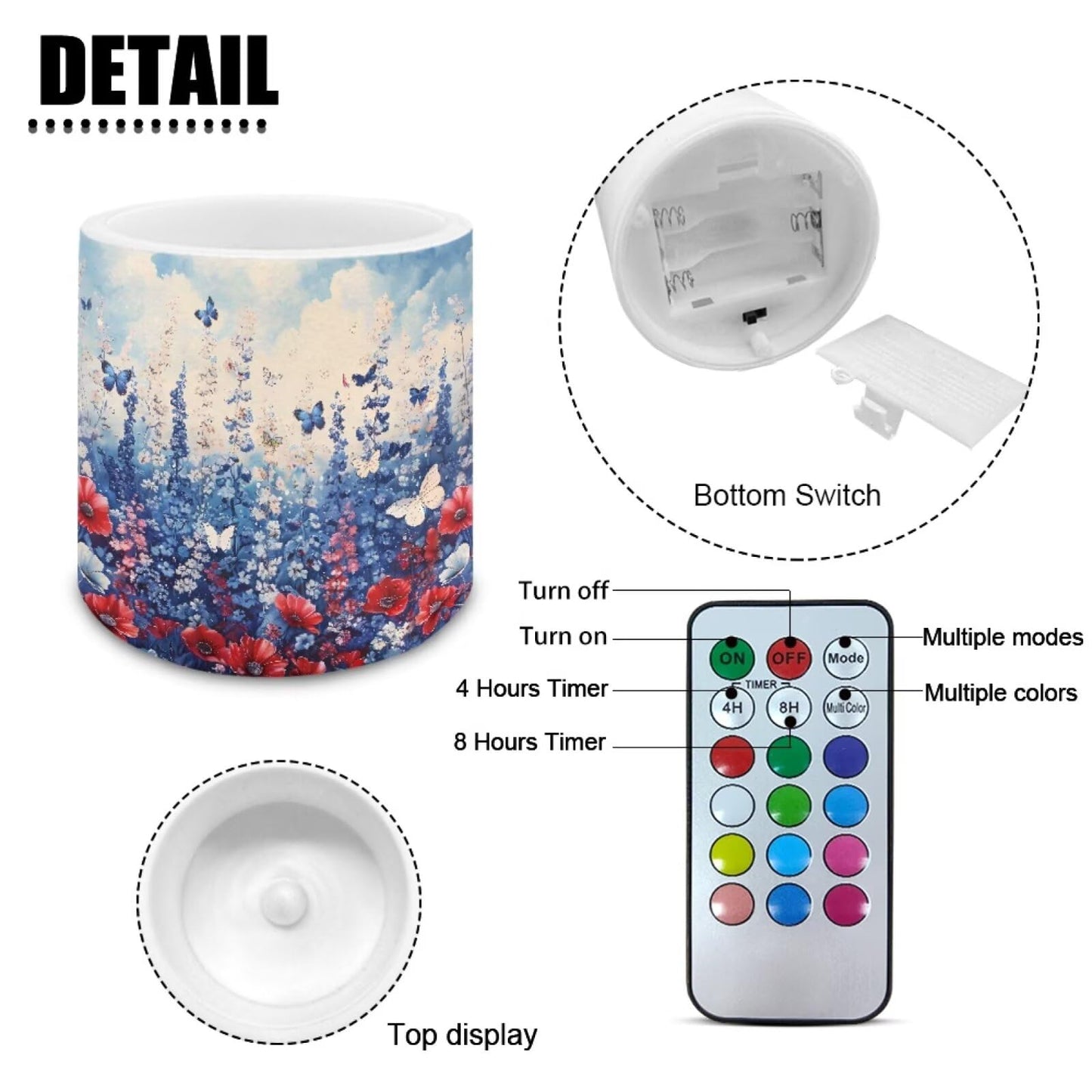 Poceacles 4 PCS LED Flameless Candles Multi-Color Flickering Realistic Battery Powered No Flame Candles with Remote and Timer, Simulated Wick Flame Tealights, Floral Blue Butterfly