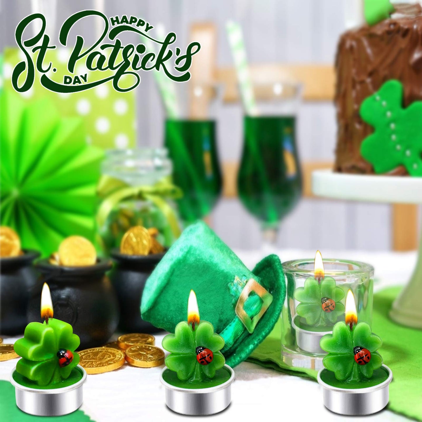 12 Pack St Patricks Day Decorations Green Tea Lights St Patricks Day Candles, Lucky Clovers Shamrocks Flameless Candle for St Patricks Day Accessories,St. Patricks Day Home Holiday Party Table Decor
