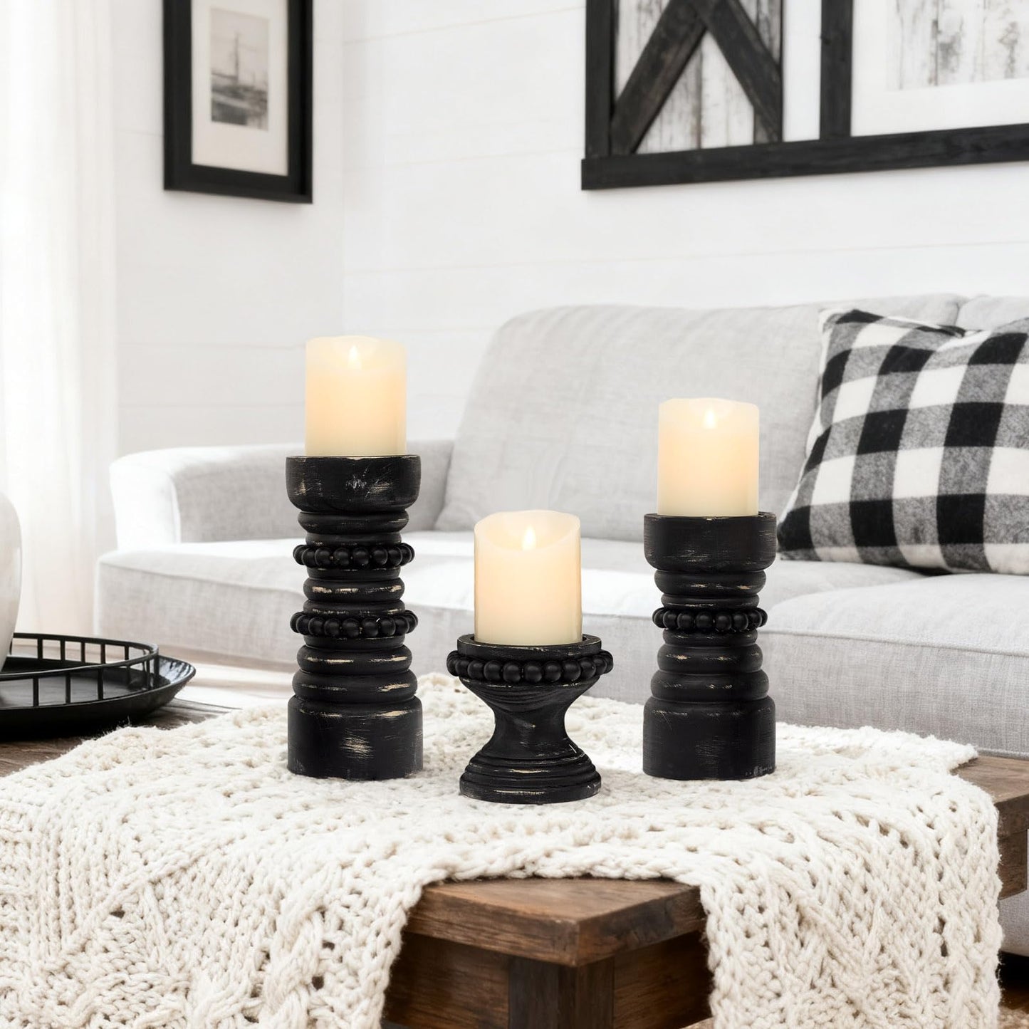 MODE HOME Rustic Black Wood Candle Holders Set of 3, Farmhouse Beaded Wood Pillar Candle Holder, Candle Holders for Pillar Candles & Candlesticks, Candle Sticks Holder Decor for Table Centerpiece