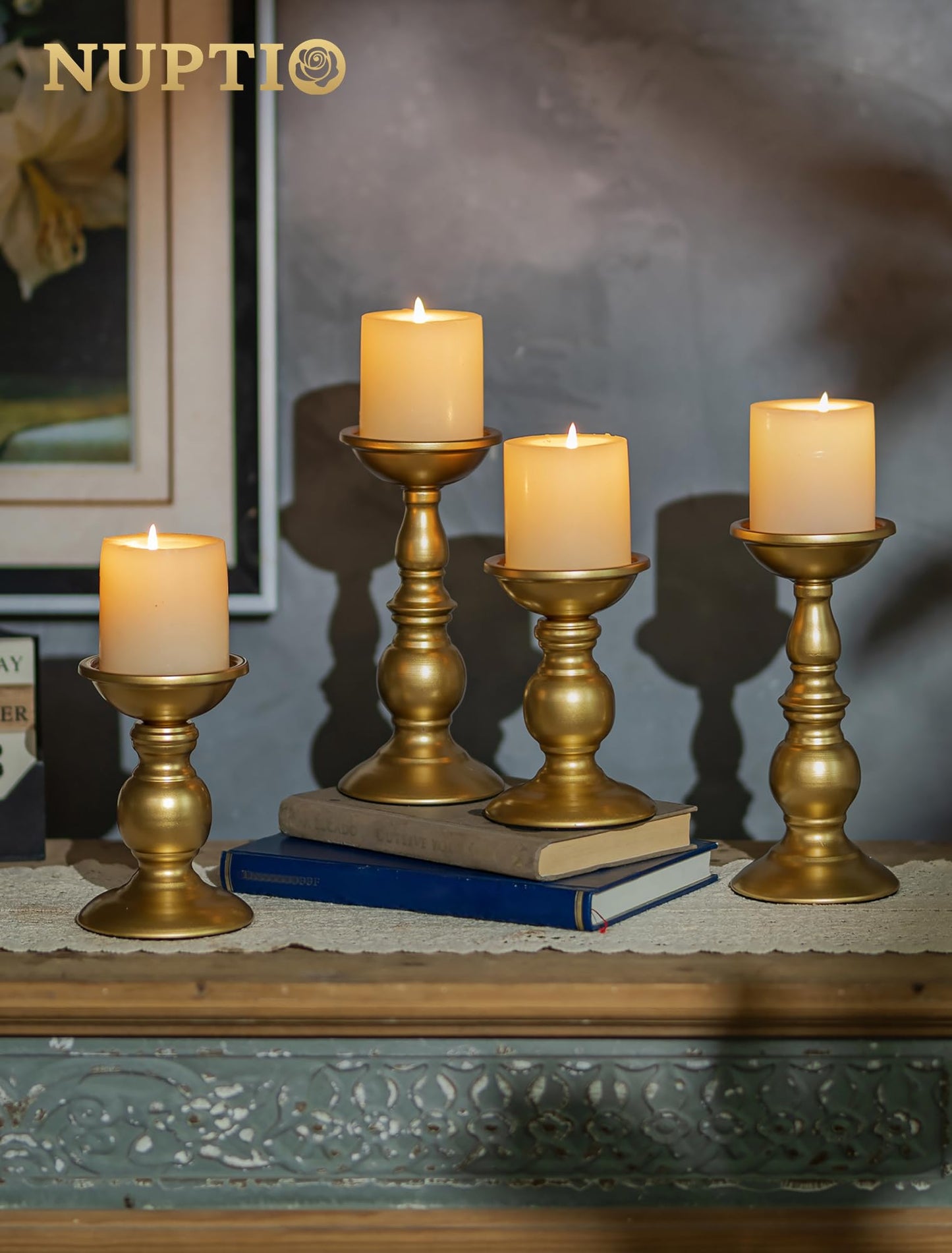 Set of 2 Gold Metal Pillar Candle Holders for 3 inches Dia Candle, Wedding Centerpieces Candlestick Holders Stand Centerpiece Decoration Ideal for Weddings, Special Events, Parties