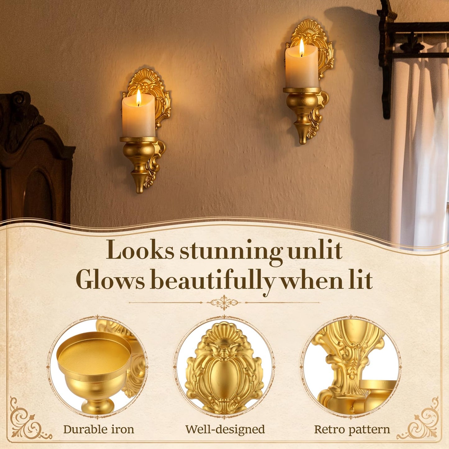 Ferrochef 2 Pack Gold Candle Sconces for Tapered Candlestick Gold Candle Wall Sconce Holder Iron Candelabra Rustic Home Decor Metal Gothic Wall Decorations Brass Baroque Decor for Living Room Hallway