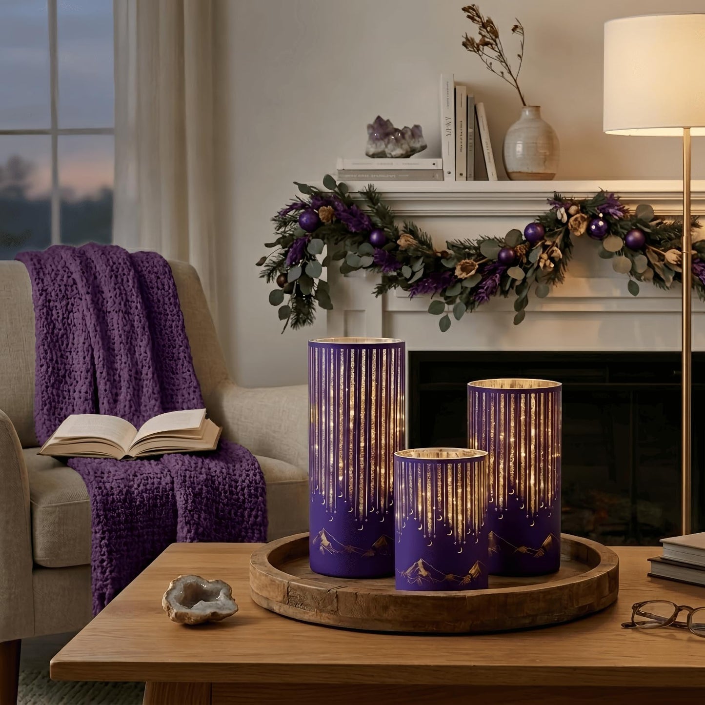 Ashroder Starry Night Elegant Hurricane Candleholders with LED Flickering Lights & Remote Timer, Decorative Glass Hurricanes for Indoor Table Centerpieces & Year-Round Home Decor, Set of 3 (Purple)