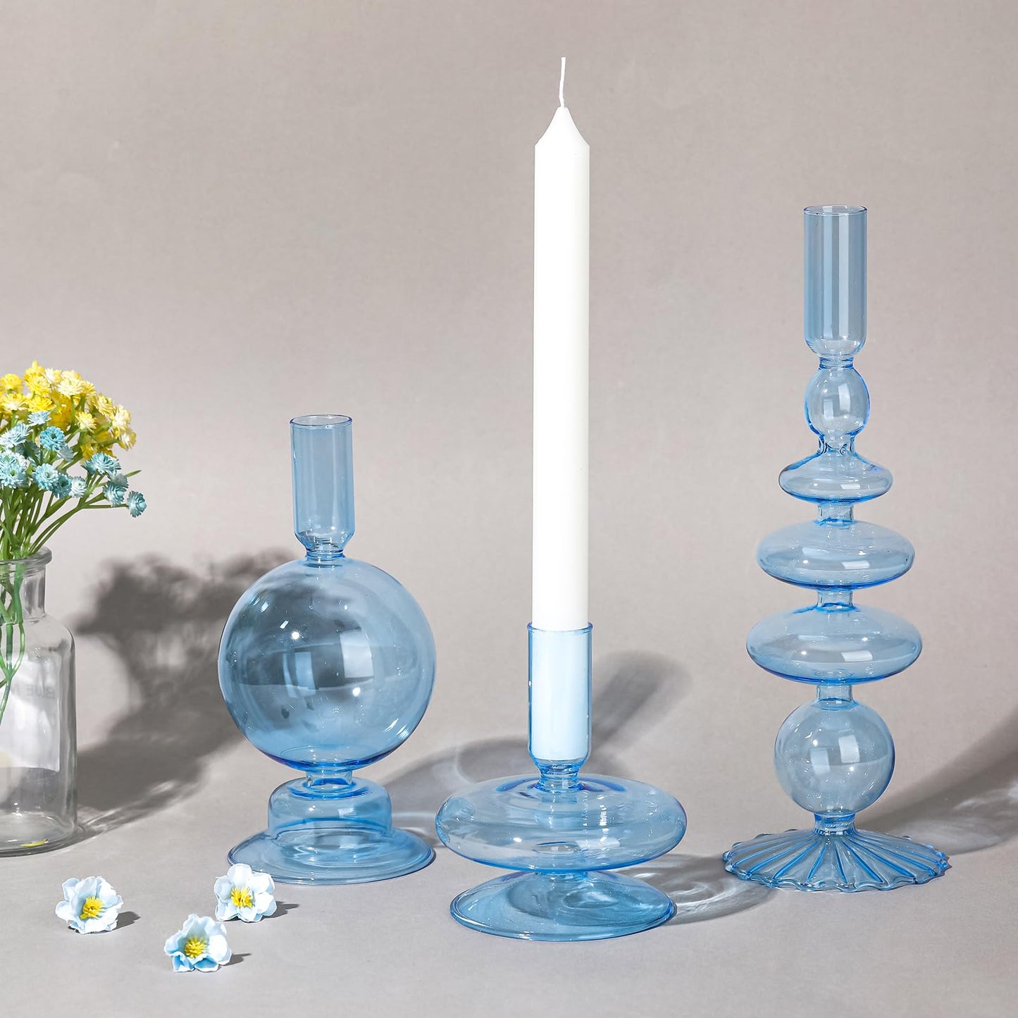 Rtteri 3 Pcs Glass Candlestick Holders Glass Candle Holders Groovy Wavy Elegant Taper Candle Stick for Wedding Home Birthday Party Easter St Patricks Day Decoration Windowsill Decor(Light Blue)